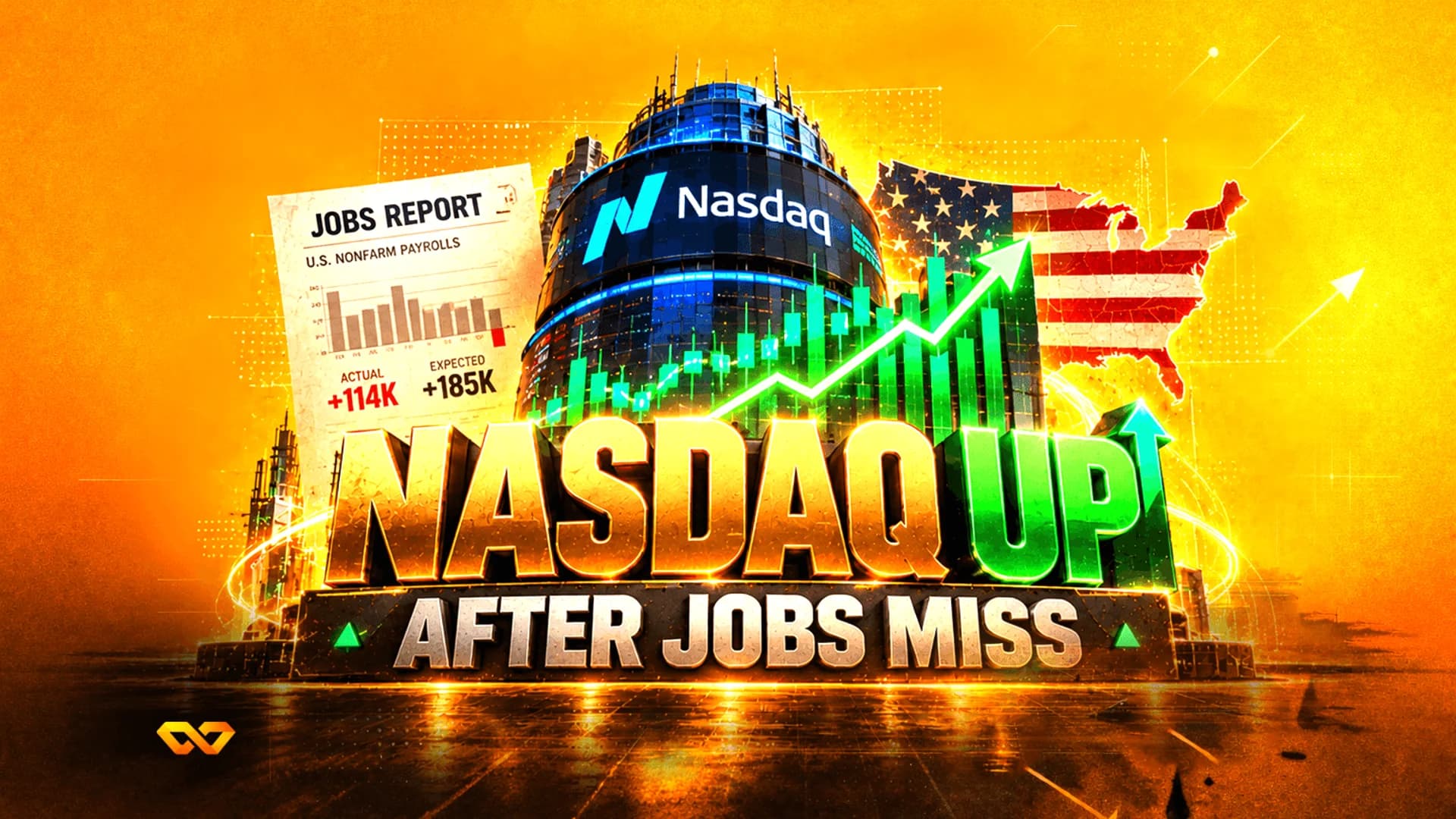 نص 'NASDAQ UP' أمام مبنى ناسداك وتقرير وظائف ورسم بياني أخضر وخريطة الولايات المتحدة.