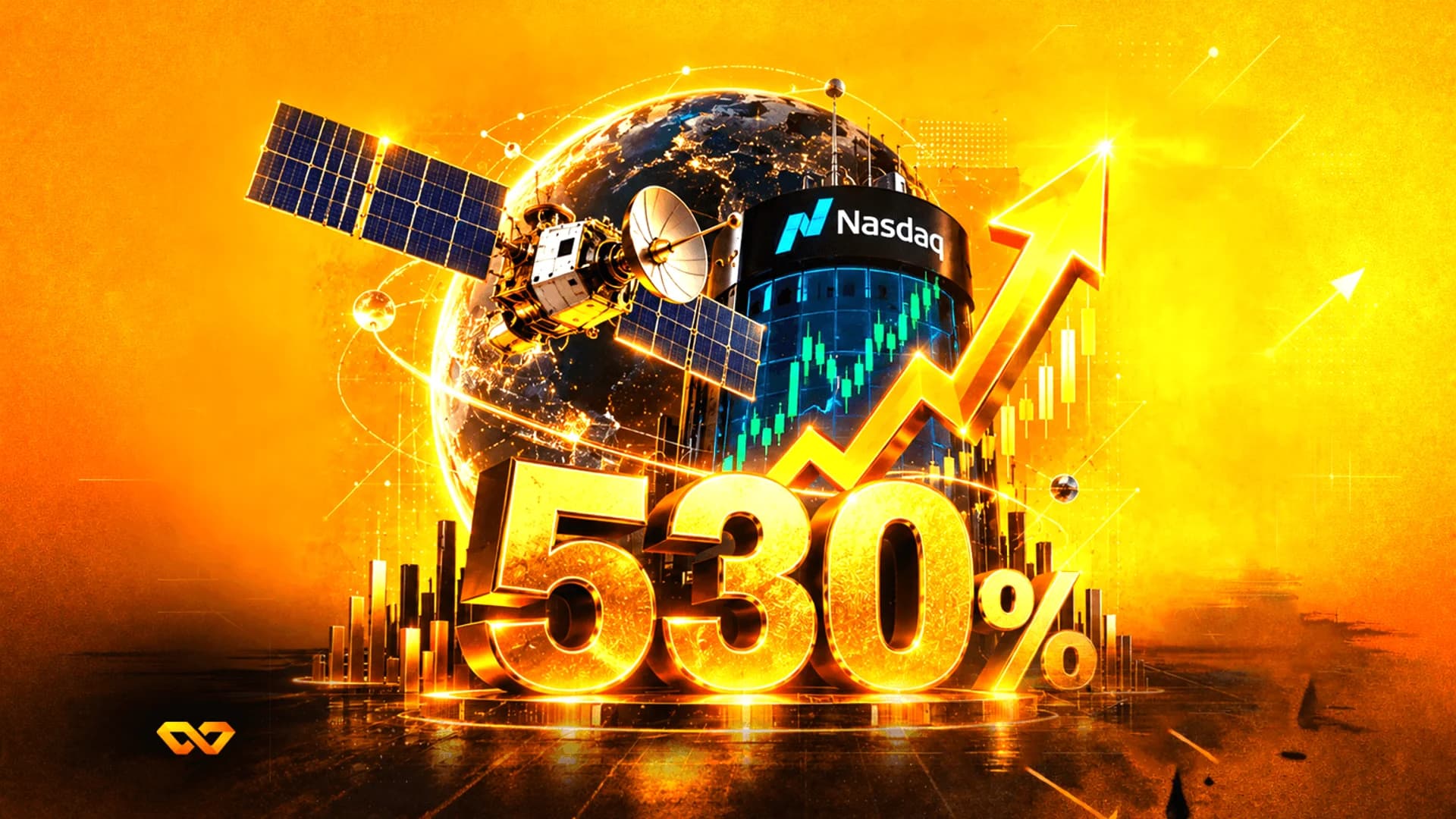 نص 530% ذهبي مع قمر صناعي وكرة أرضية ومبنى ناسداك يظهر سهماً صاعداً ومخطط أسهم.