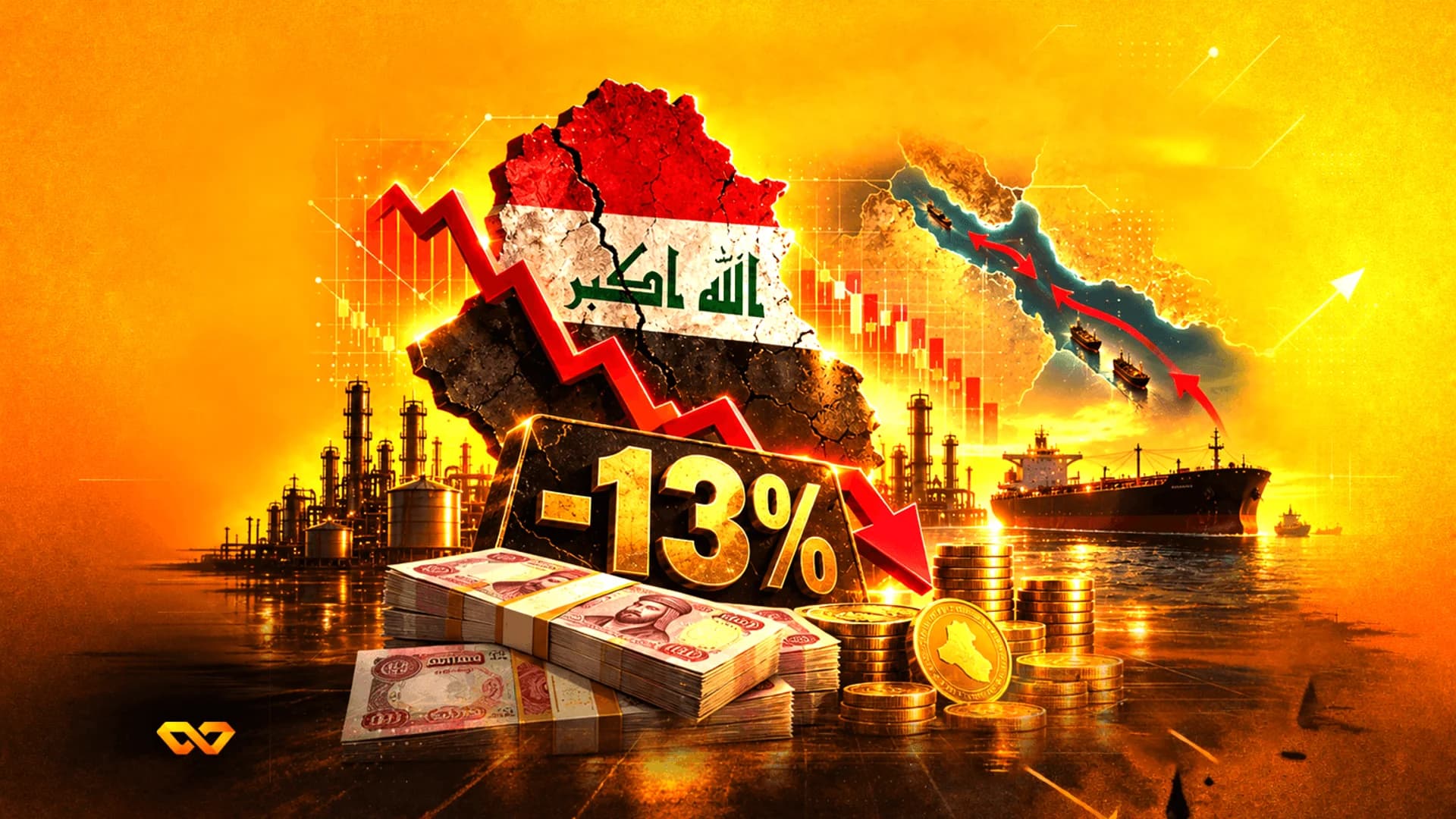خريطة العراق مع العلم، سهم أحمر هابط، علامة -13%، رزم من العملات الورقية، وناقلات نفط في البحر.