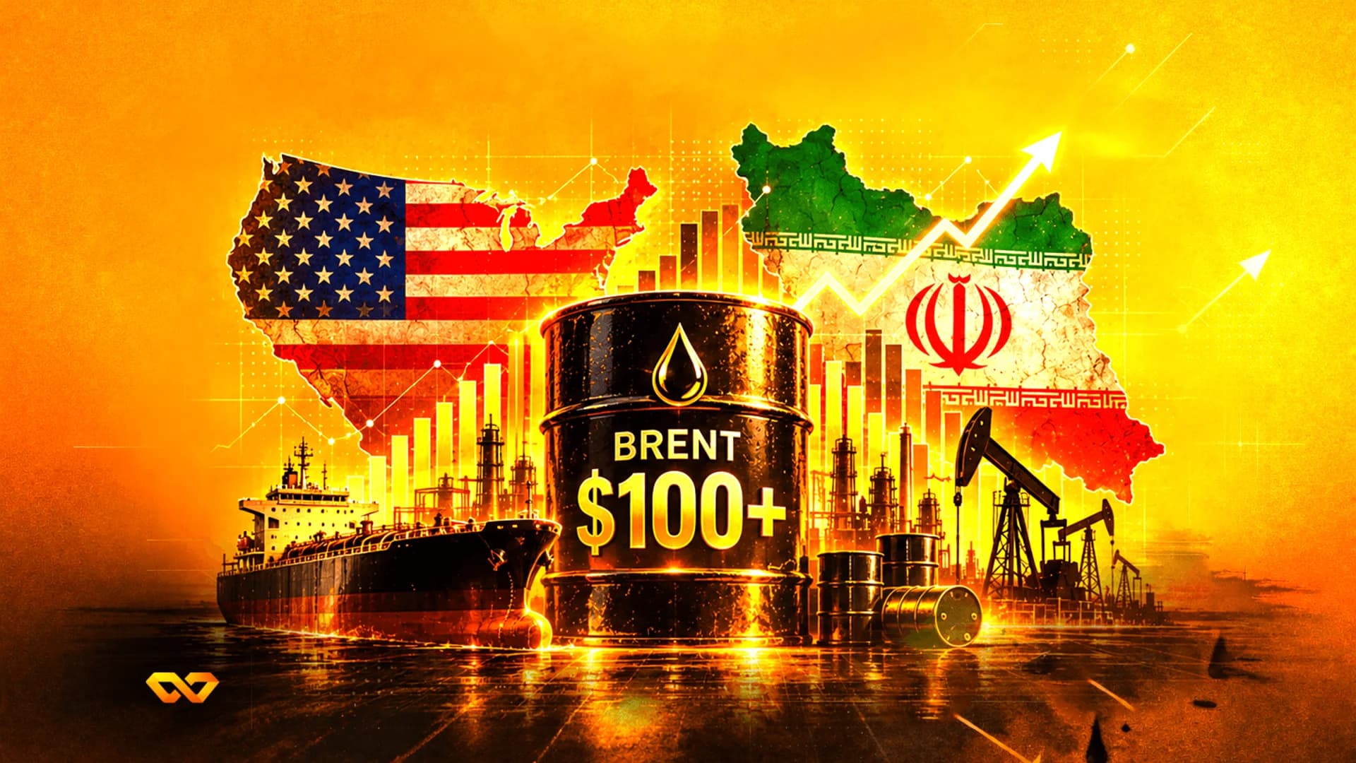 برميل نفط يحمل علامة برنت 100 دولار بين خريطتي الولايات المتحدة وإيران مع ناقلة نفط ورسم بياني صاعد.