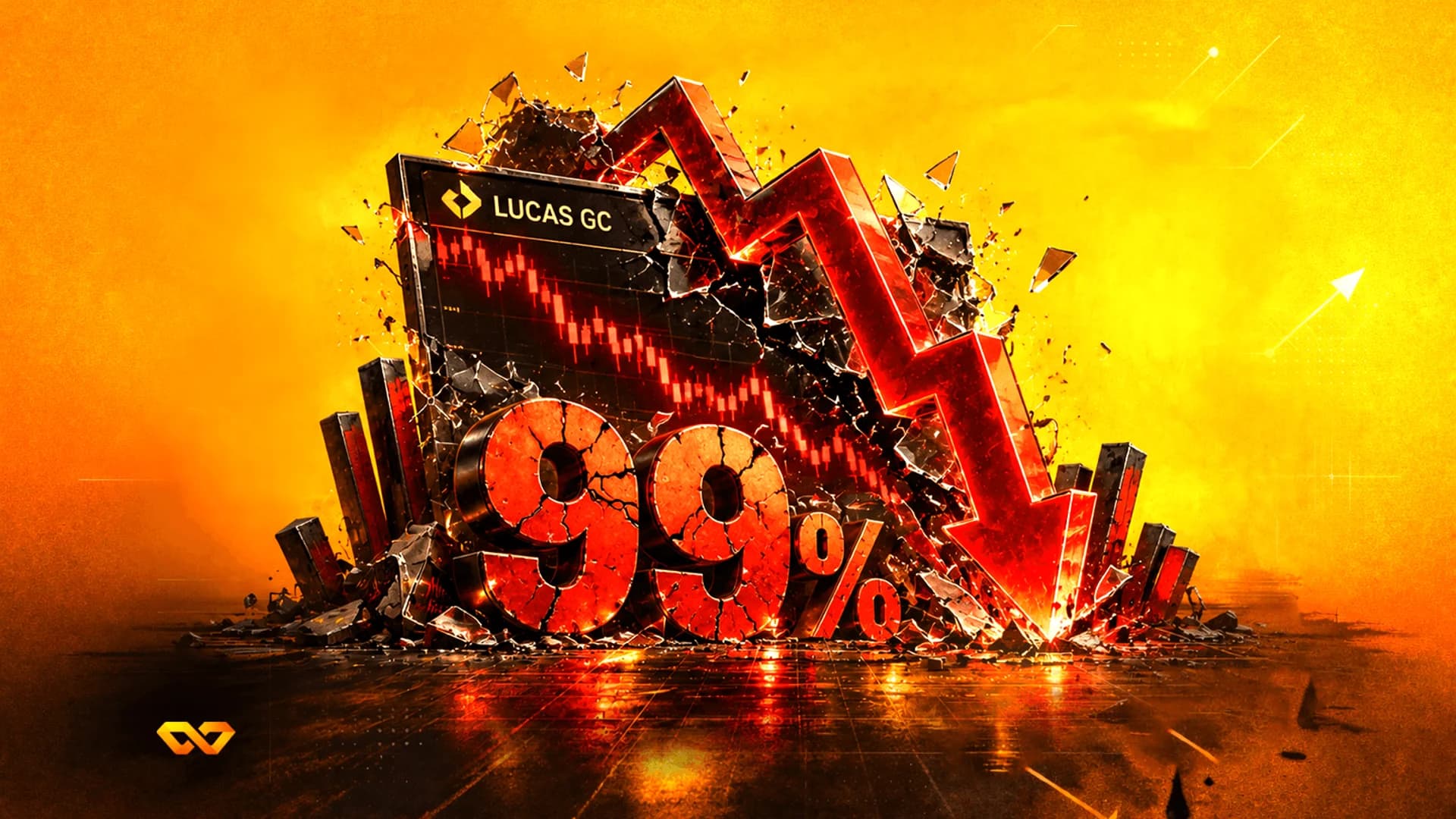 رسم توضيحي ثلاثي الأبعاد لسهم أحمر يحطم مخطط أسهم مع نص '99%' على خلفية برتقالية.