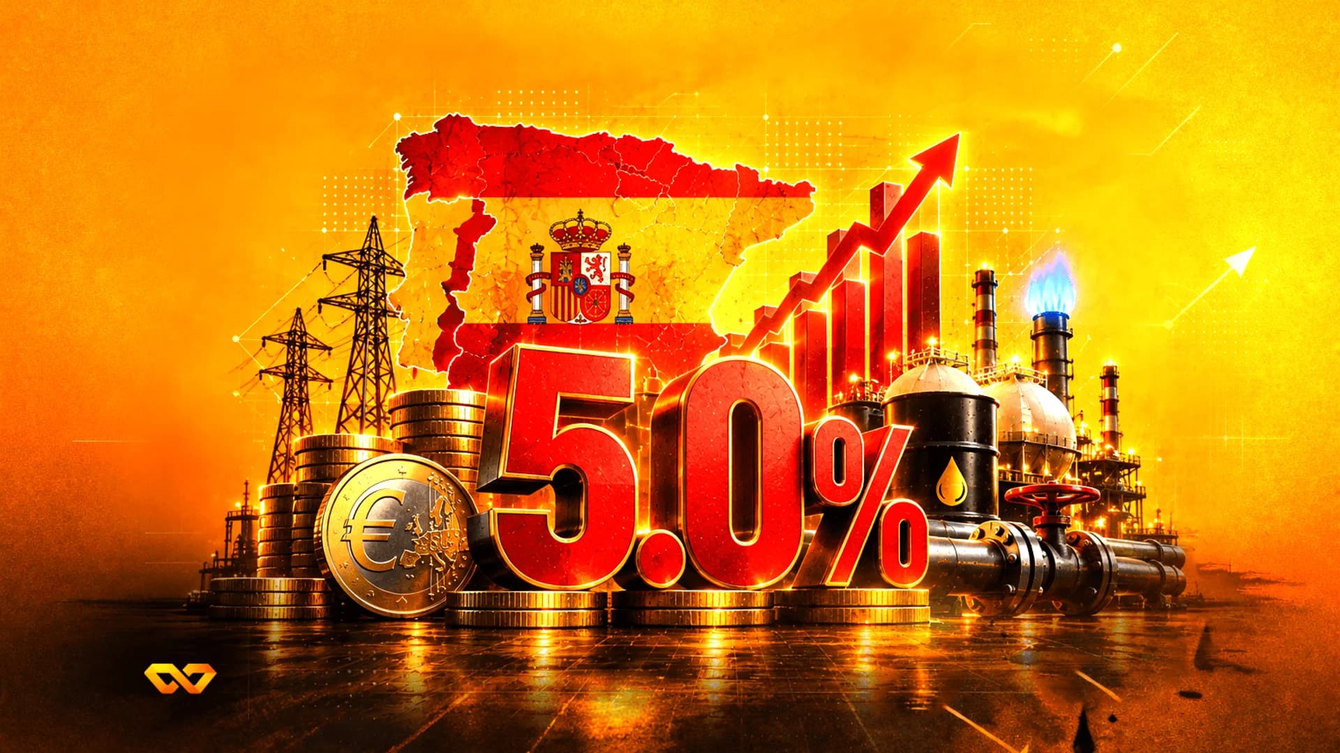 نص 5.0% أحمر أمام خريطة إسبانيا، عملة يورو، وبنية تحتية للطاقة على خلفية برتقالية.