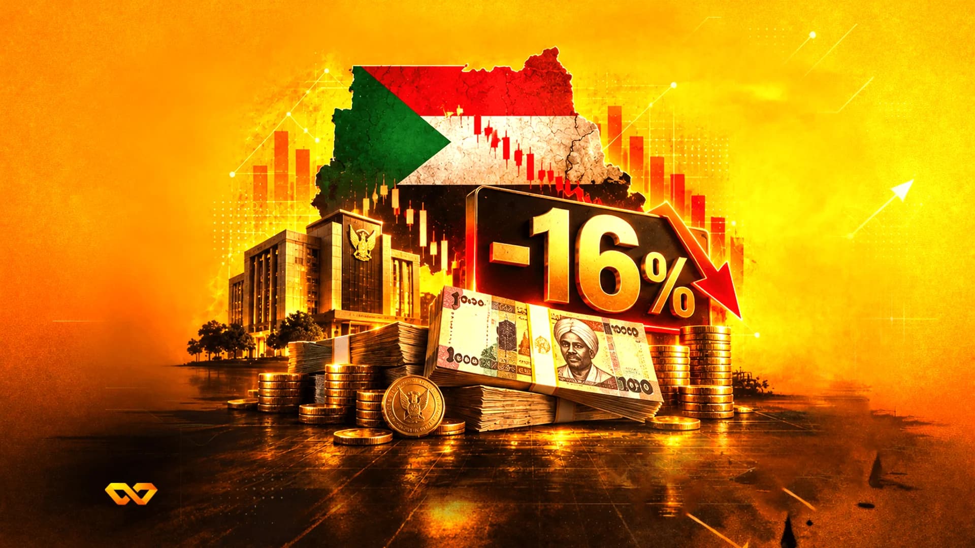 خريطة السودان مع العلم، رزم من الأوراق النقدية، عملات معدنية، وسهم أحمر يشير للأسفل بجانب علامة -16%.