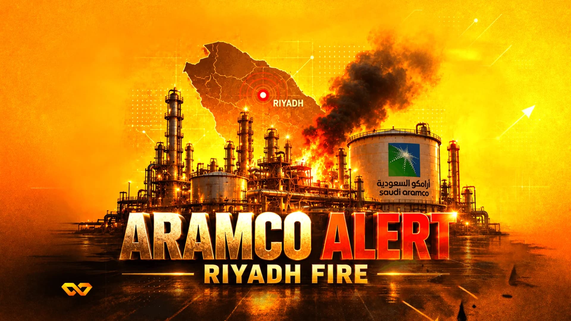 رسم توضيحي لمصفاة نفط تحترق مع شعار أرامكو السعودية ونص 'ARAMCO ALERT RIYADH FIRE'.
