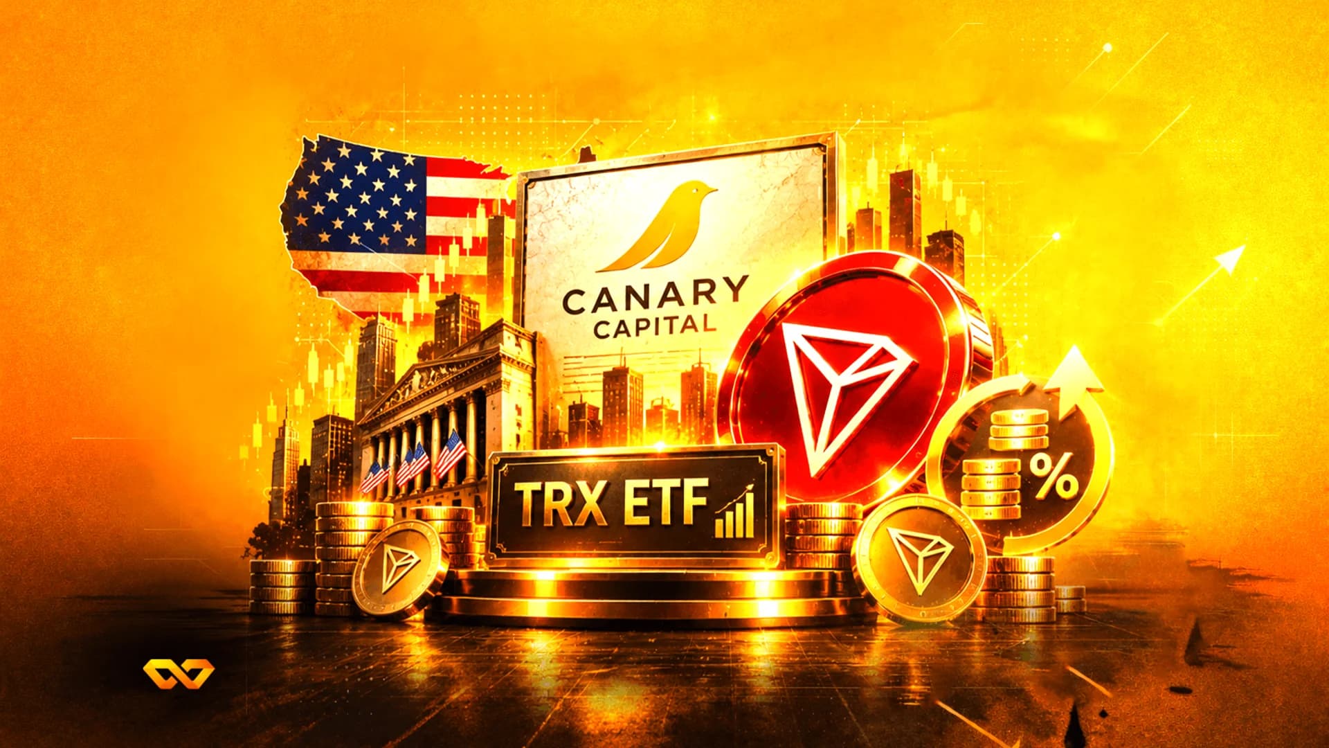 توضيح ذهبي مع شعار كناري كابيتال وعلامة TRX ETF وعملات ترون وعلم الولايات المتحدة فوق منظر للمدينة.