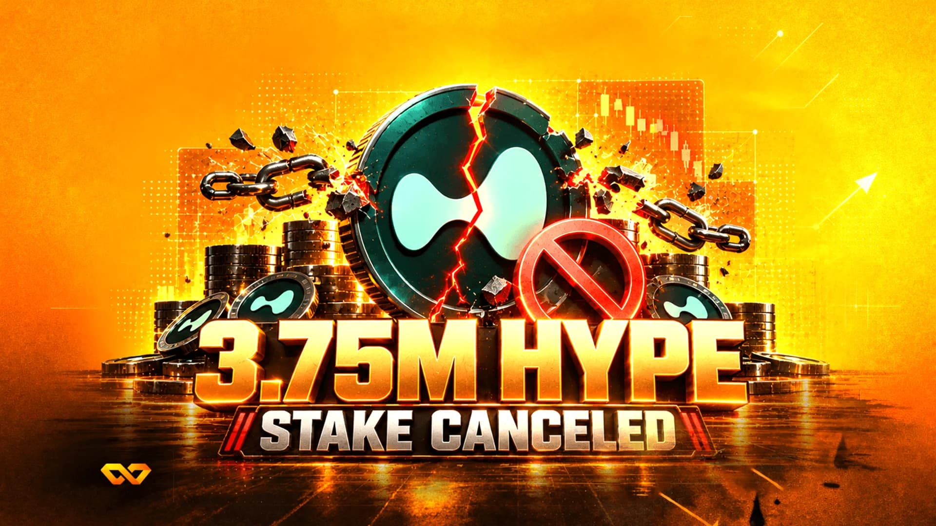 عملة مشروخة بشعار أبيض، سلاسل مكسورة، ونص 3.75M HYPE STAKE CANCELED على خلفية برتقالية.