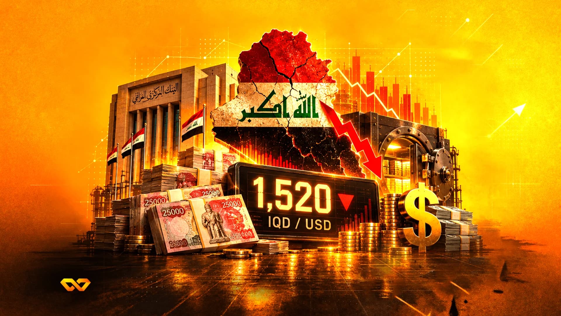كولاج يضم خريطة العراق، مبنى البنك المركزي، رزم من الدينار العراقي، وشاشة رقمية تعرض سعر صرف 1,520 مقابل الدولار.