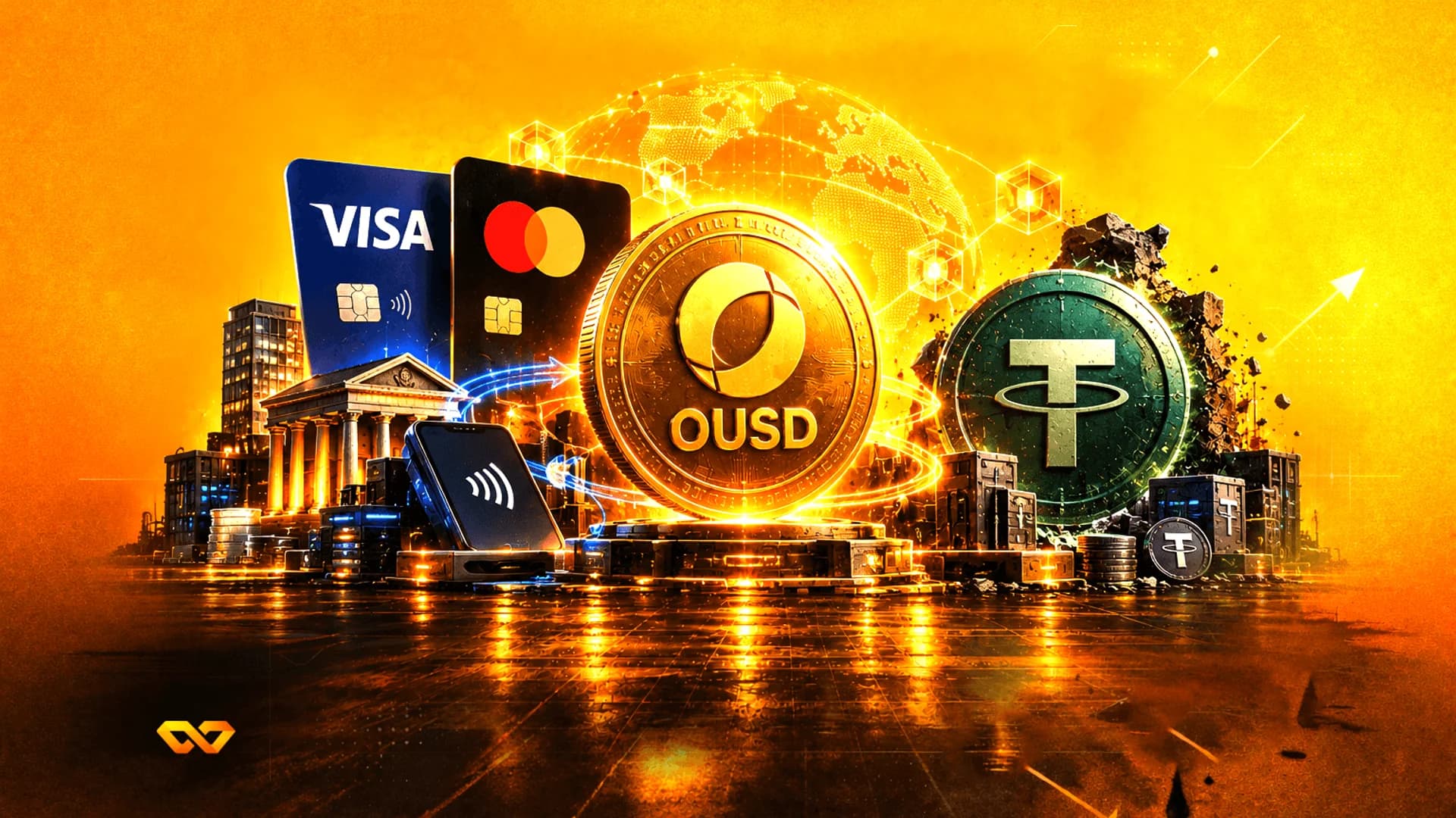 رسم توضيحي لعملات OUSD وتيذر بجانب بطاقات فيزا وماستركارد على خلفية ذهبية.