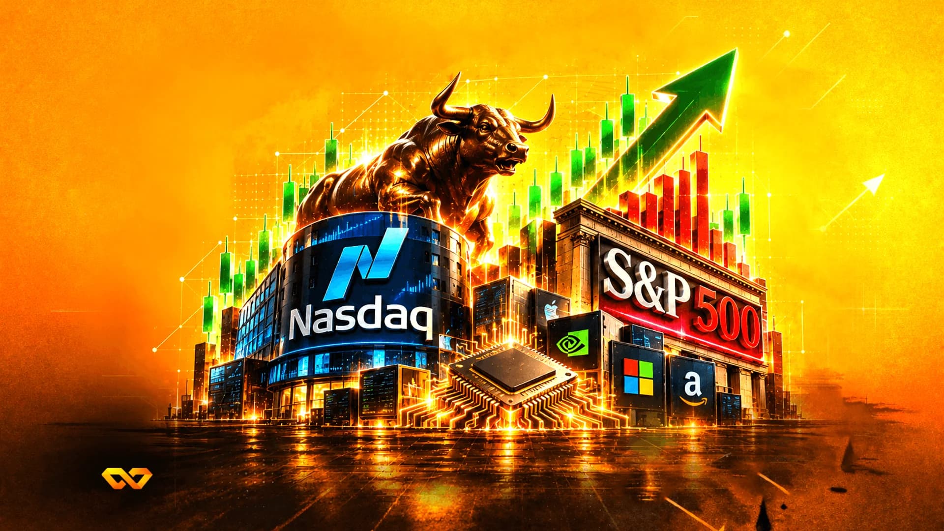 تمثال ثور ذهبي مع سهم أخضر صاعد ورسوم بيانية وشعارات ناسداك وإس آند بي 500 وشركات تقنية كبرى.