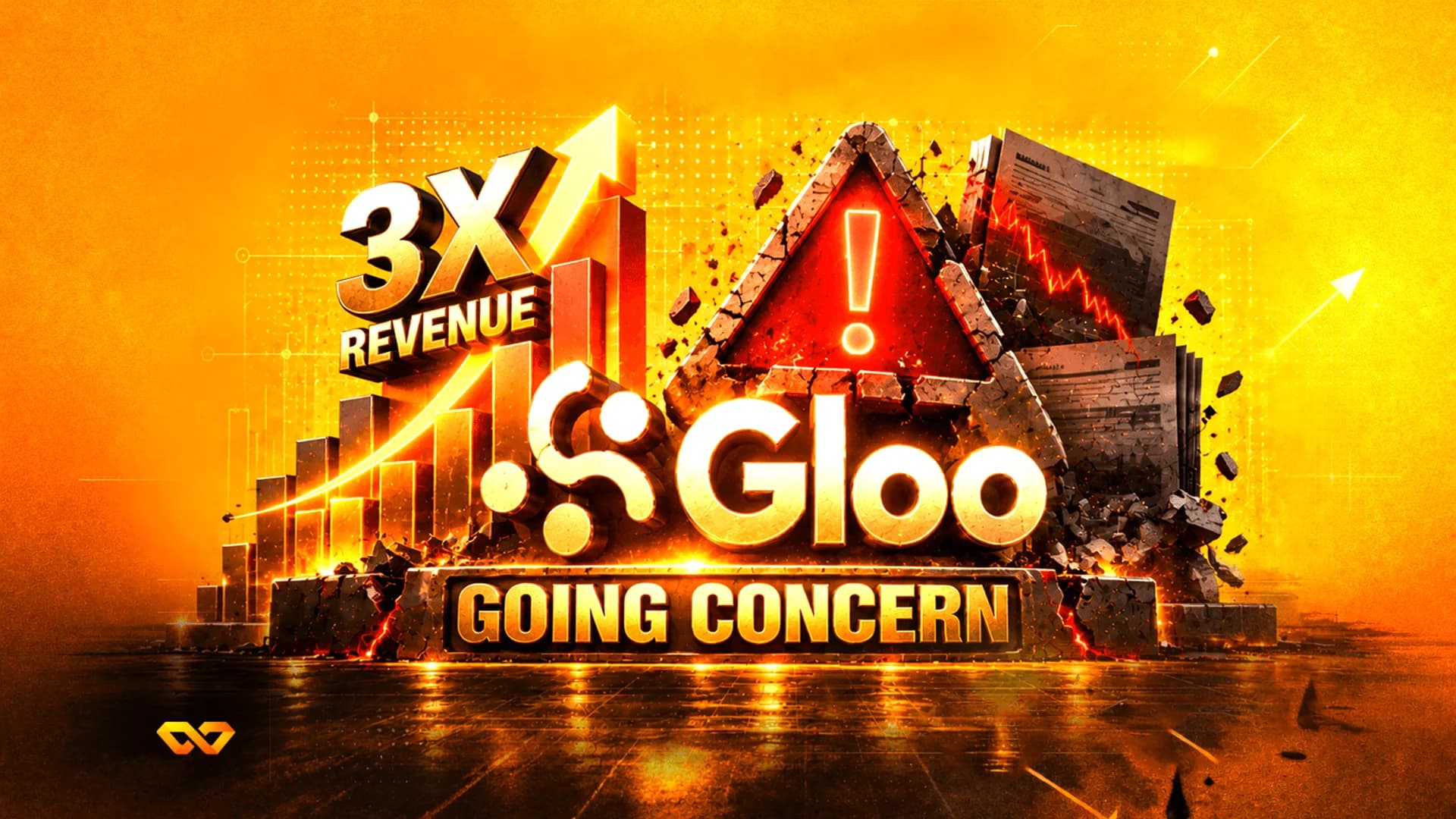 نص ثلاثي الأبعاد 'Gloo' و'GOING CONCERN' مع رسم بياني شريطي، علامة تحذير، ورسم بياني خطي هابط على خلفية برتقالية.