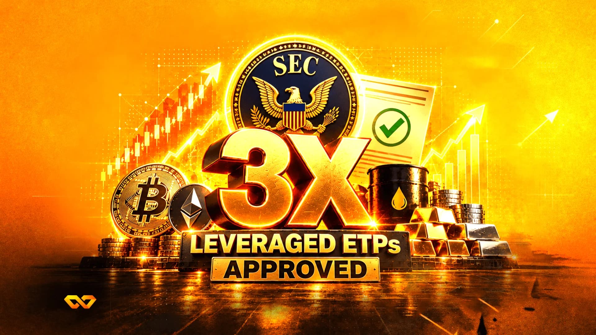 نص ذهبي ثلاثي الأبعاد '3X LEVERAGED ETPs APPROVED' مع ختم SEC وعملات بيتكوين وإيثيريوم وسبائك ذهب وبرميل نفط.
