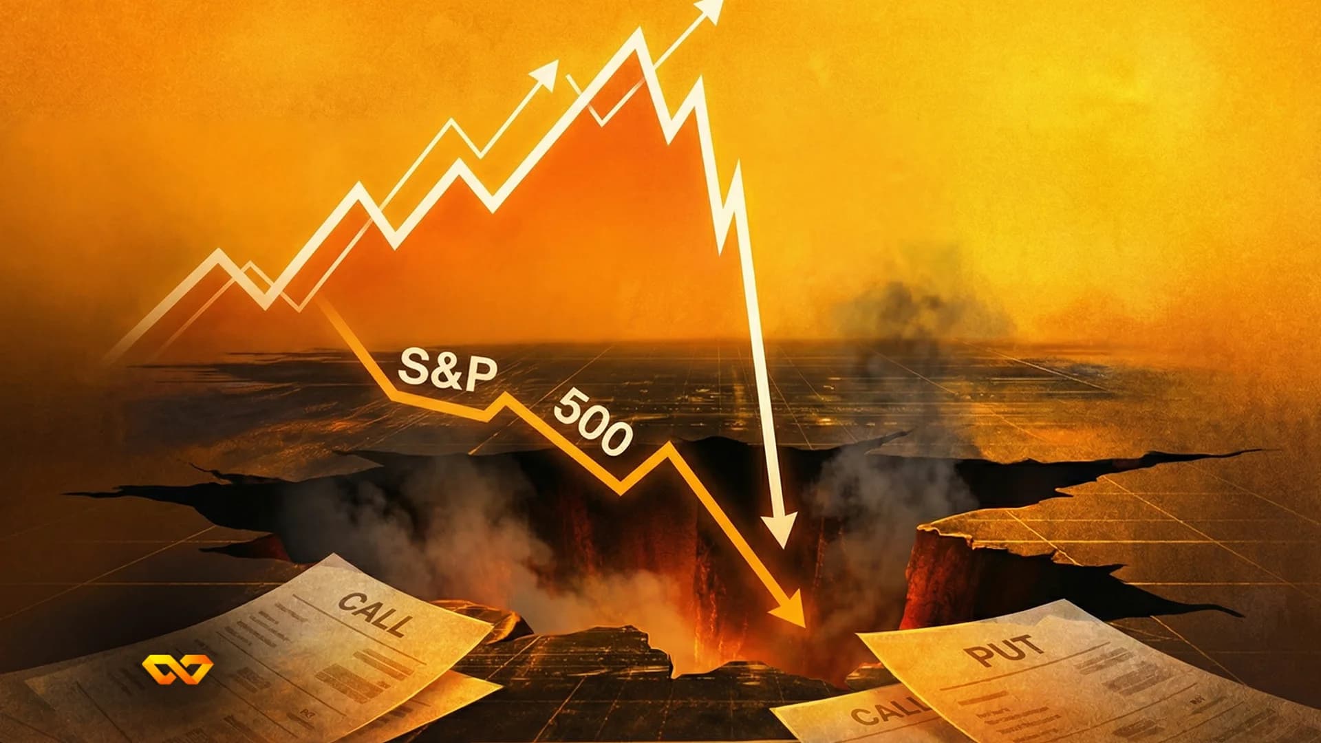 رسم بياني لسوق الأسهم يظهر خط S&P 500 يهبط في شق ناري، مع أوراق خيارات 'CALL' و 'PUT' في المقدمة.