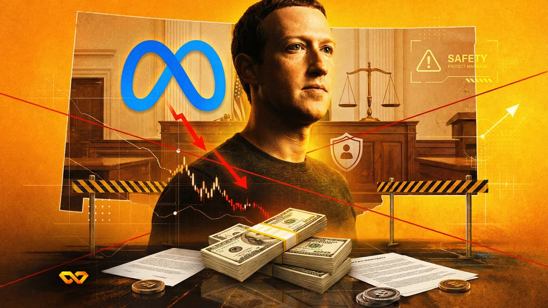 مارك زوكربيرج أمام خلفية قاعة محكمة مع شعار ميتا، رسوم بيانية مالية تظهر تراجعًا، أكوام دولارات، مستندات، وعلامات تحذير.