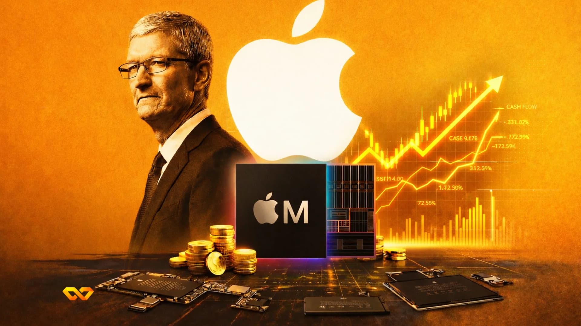 تيم كوك، شعار أبل، شريحة M، عملات ذهبية، ومكونات إلكترونية على خلفية ذهبية مع رسم بياني صاعد للأسهم.