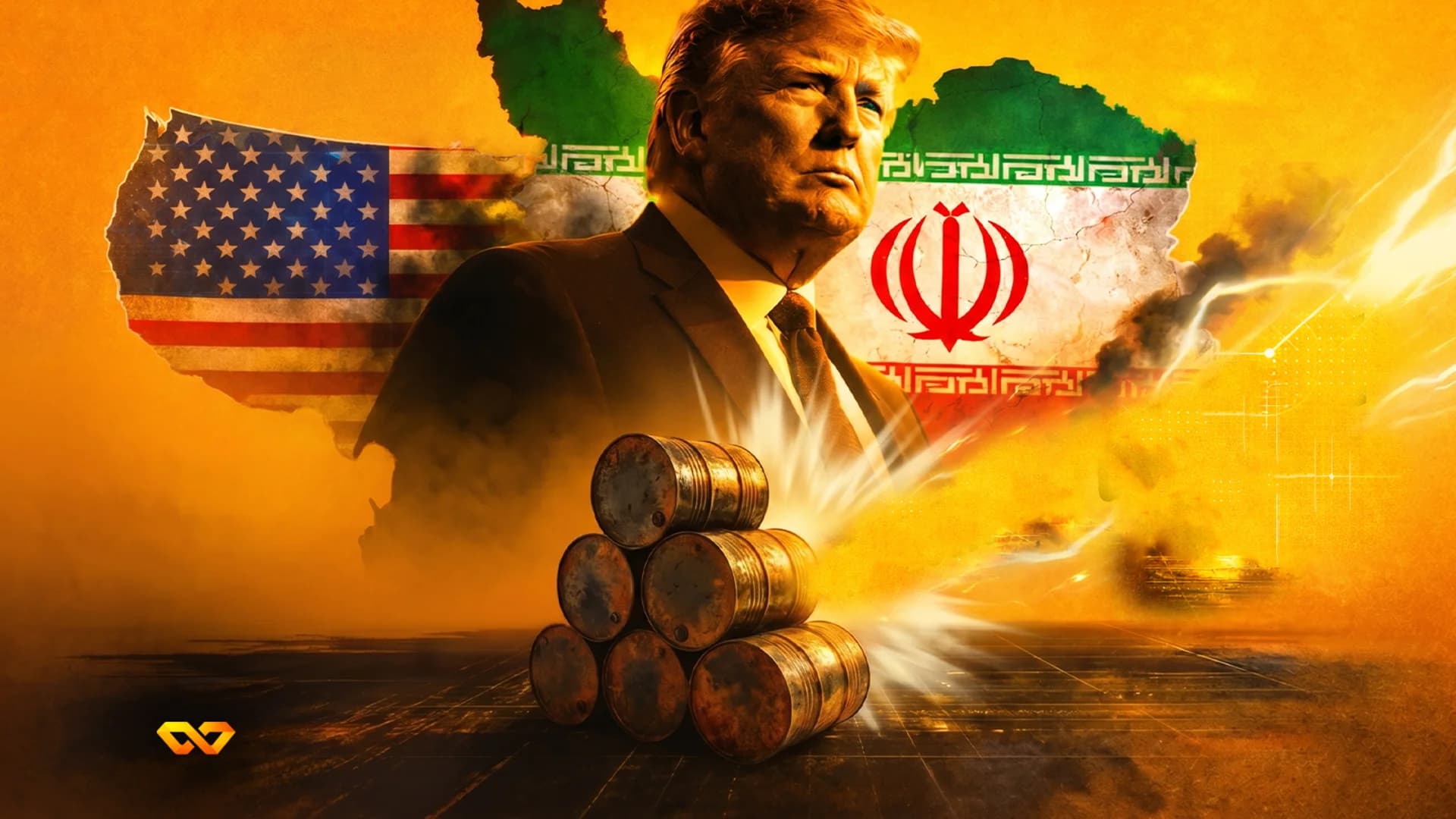 صورة لدونالد ترامب مع علمي أمريكا وإيران وخريطة وبراميل نفط على خلفية برتقالية.
