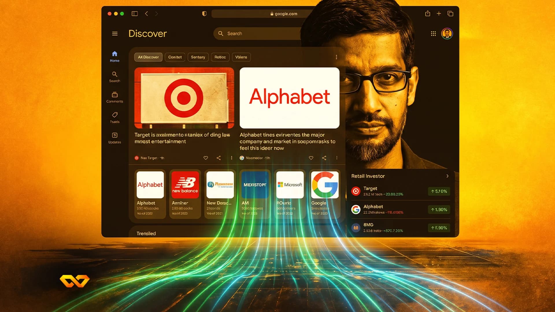 متصفح ويب يعرض موجز ديسكفر مع بطاقات أخبار وشعارات شركات مثل تارجت وألفابت وبيانات أسهم. وجه سوندار بيتشاي مرئي على اليمين. خطوط ضوئية خضراء وزرقاء تنبعث من الأسفل.