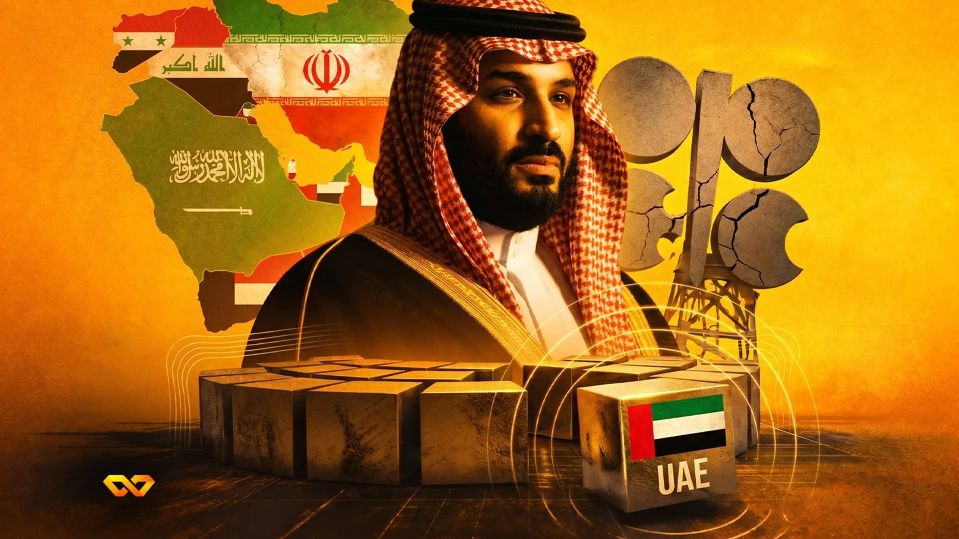 صورة لمحمد بن سلمان مع خريطة الشرق الأوسط، شعار أوبك متصدع، وعلم الإمارات على مكعب معدني.