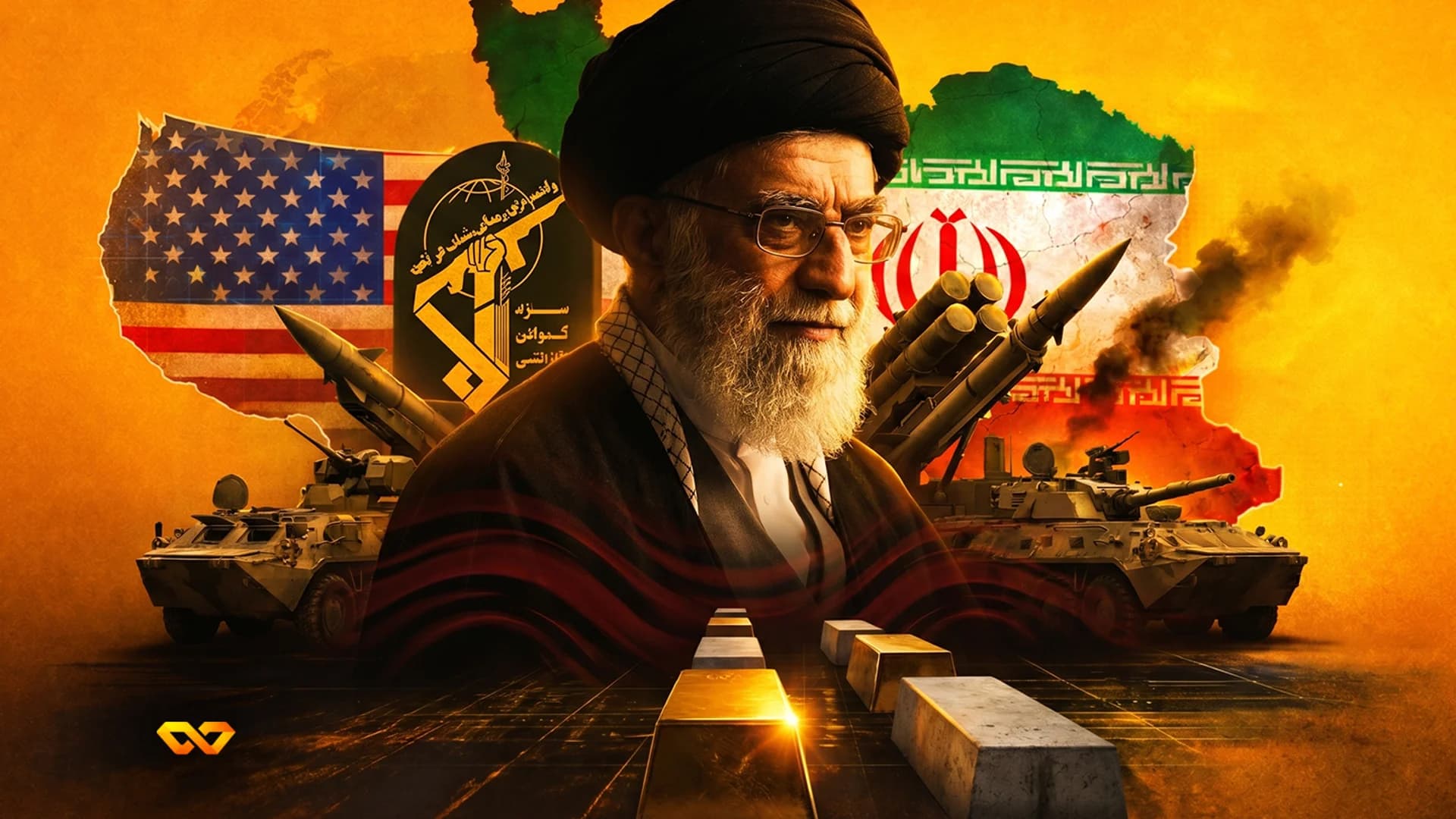 صورة لعلي خامنئي مع أعلام إيران والولايات المتحدة، ومركبات عسكرية، وصواريخ، وسبائك ذهب على خلفية برتقالية.