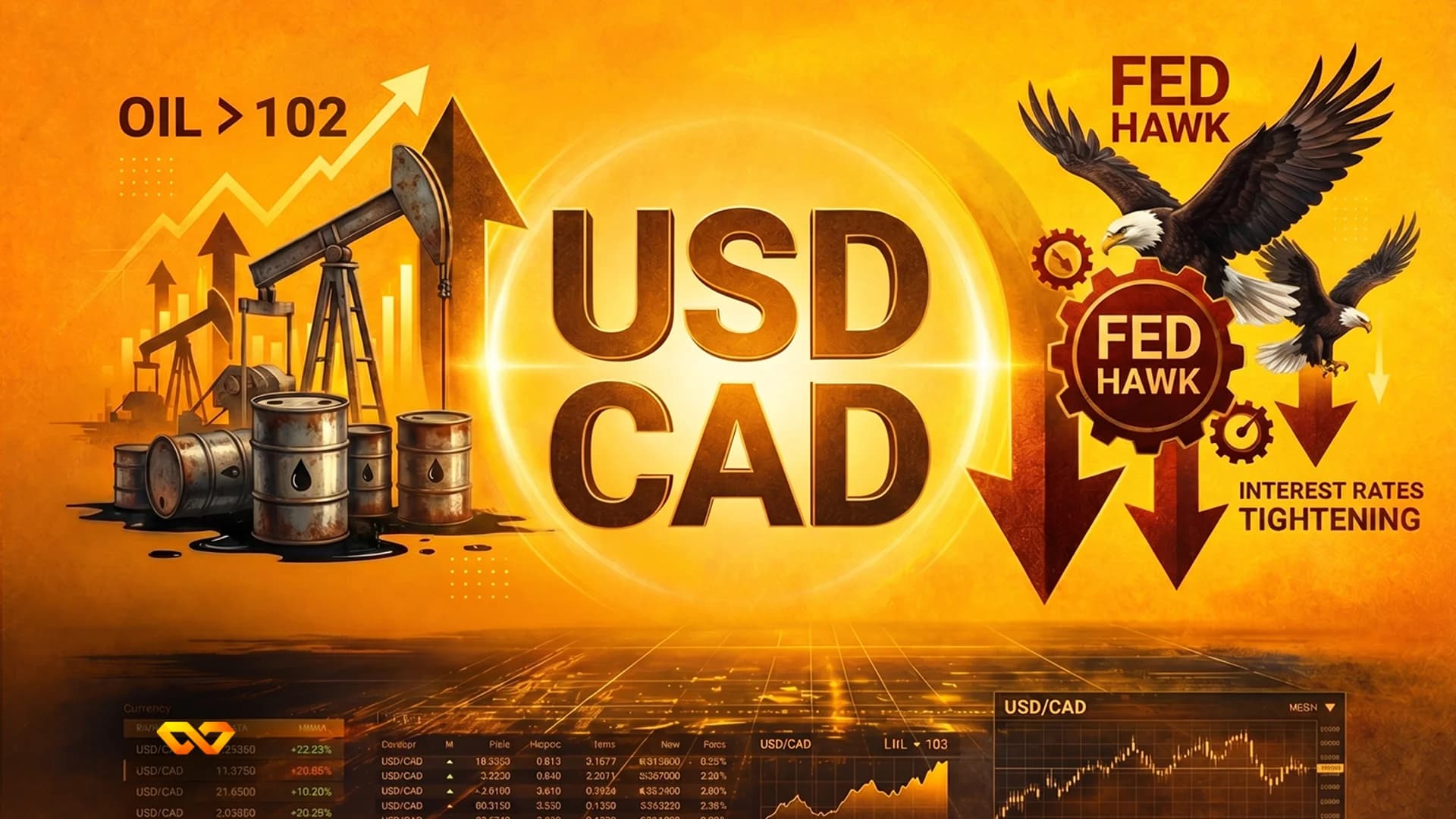 صورة برتقالية ذهبية تظهر منصات نفط وبراميل و'OIL > 102' مع أسهم صاعدة. في المنتصف 'USD CAD'. على اليمين نسران و'FED HAWK' وأسهم هابطة مع 'INTEREST RATES TIGHTENING'. رسوم بيانية مالية بالأسفل.