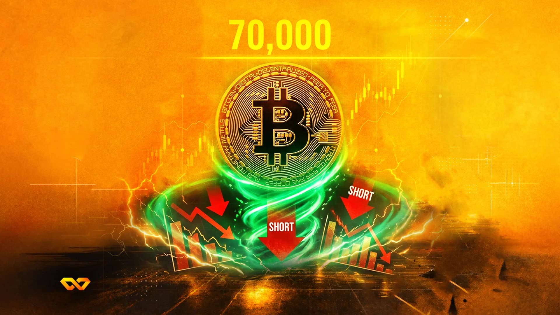 عملة بيتكوين ذهبية محاطة بطاقة خضراء، مع أسهم حمراء متجهة للأسفل ورسوم بيانية شريطية وكلمة "SHORT". الرقم "70,000" يظهر أعلاها.
