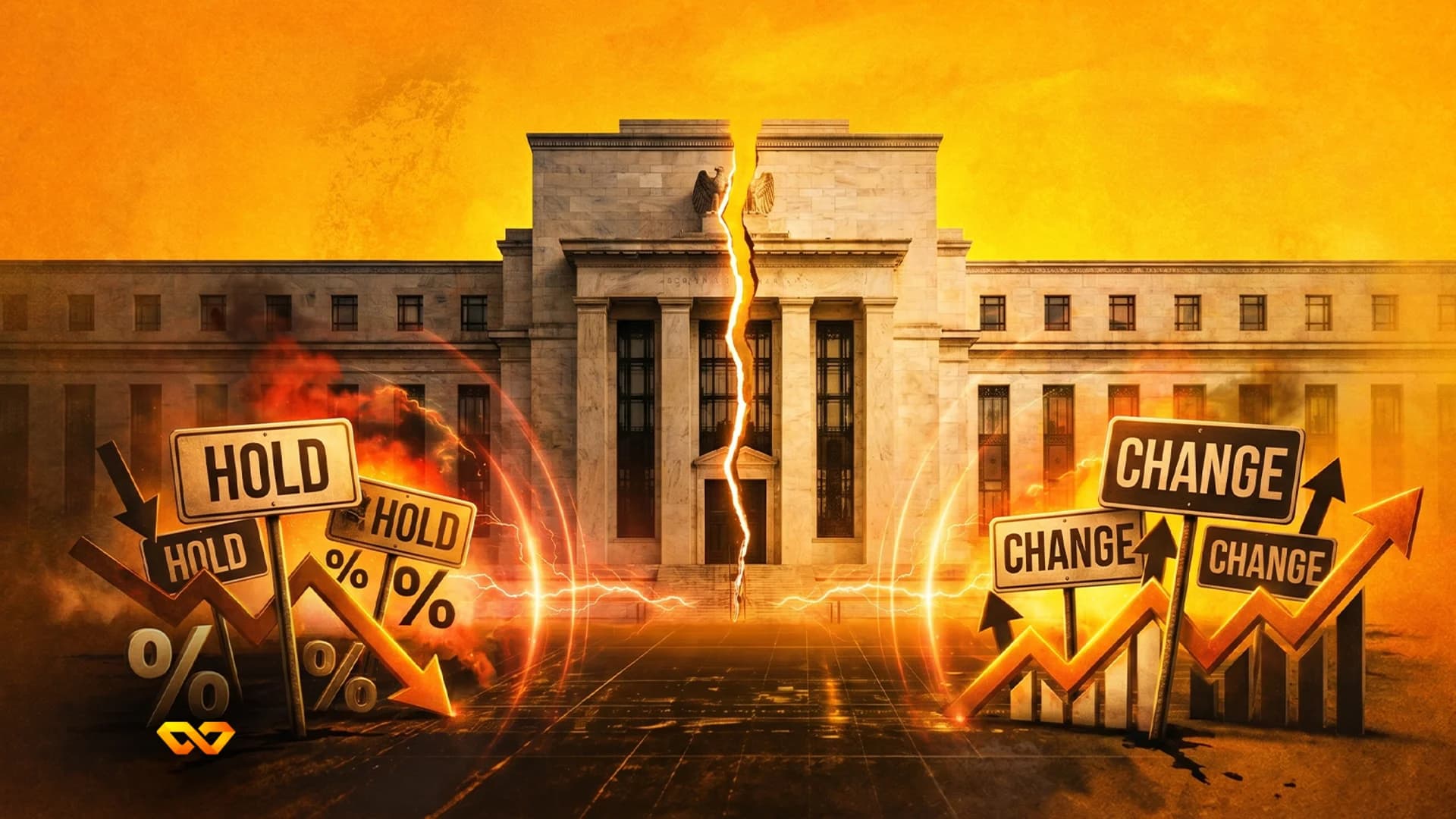 مبنى الاحتياطي الفيدرالي منقسم مع لافتات 'HOLD' و'CHANGE' وأسهم سوقية على خلفية برتقالية.