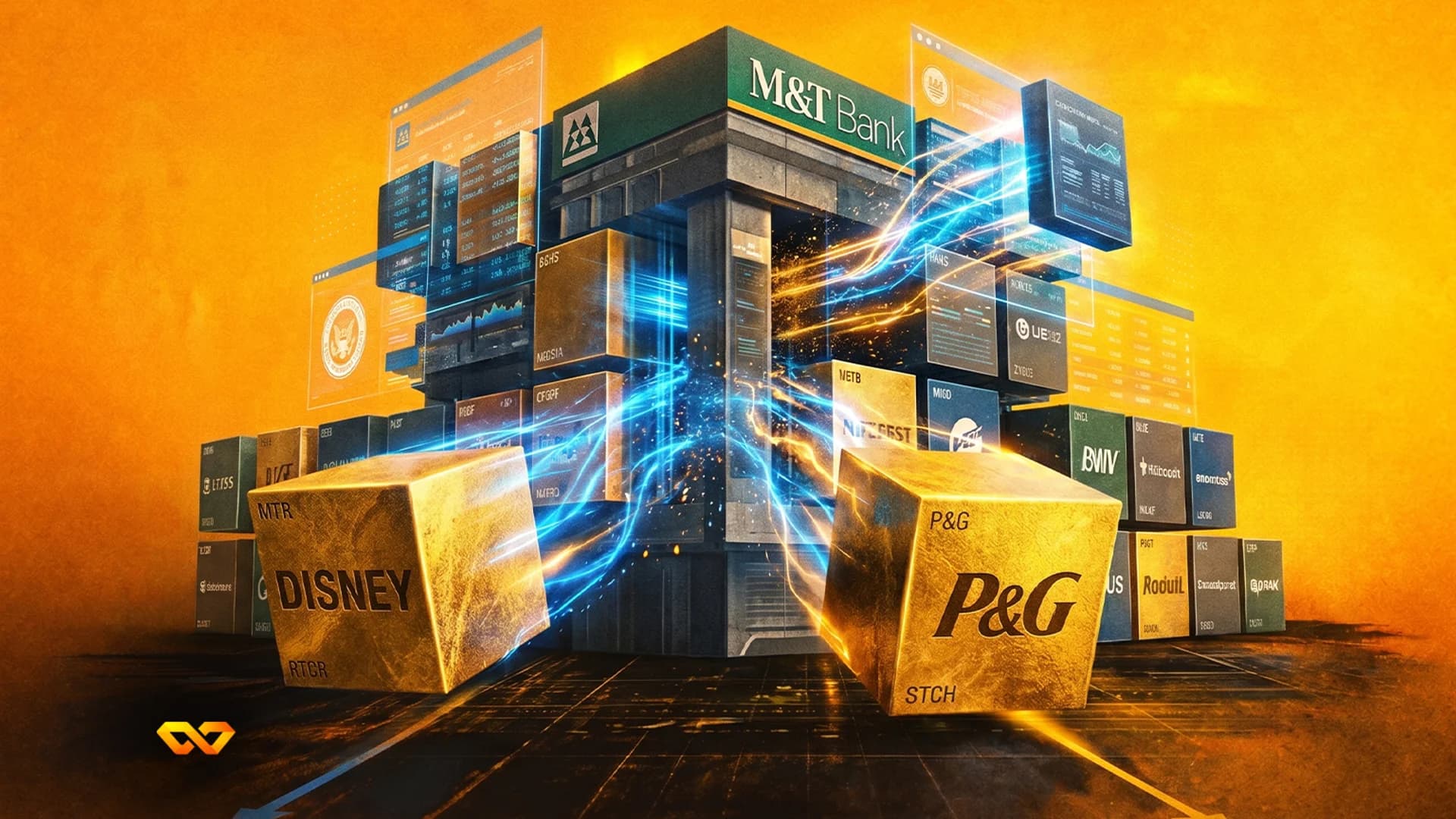 رسم رقمي لمكعبات ذهبية تحمل شعاري ديزني وP&G بالقرب من مبنى بنك M&T على خلفية برتقالية.