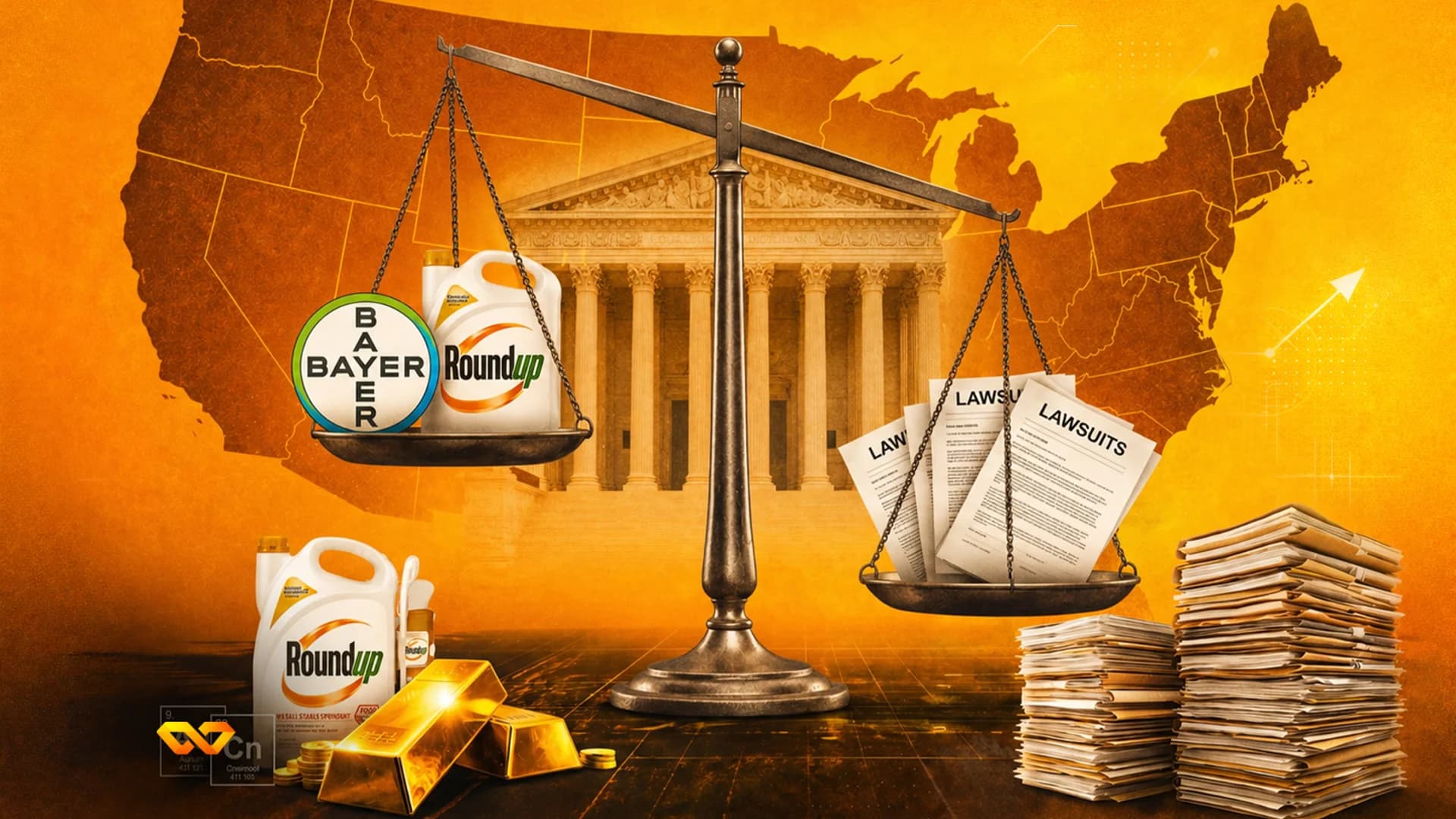 ميزان العدالة يوازن بين شعار باير وزجاجة راوند أب مقابل أوراق دعاوى قضائية، مع خلفية لخريطة الولايات المتحدة.