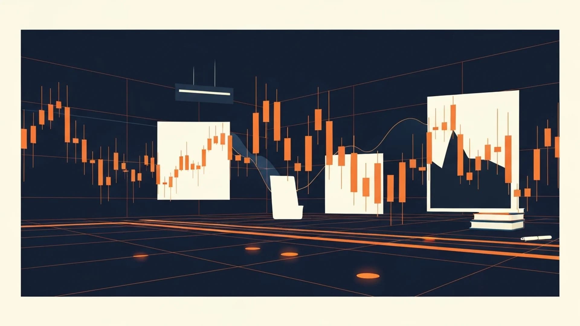 رسم توضيحي ثلاثي الأبعاد لرسوم بيانية بالشموع البرتقالية على خلفية شبكية داكنة مع لوحات عرض بيضاء.