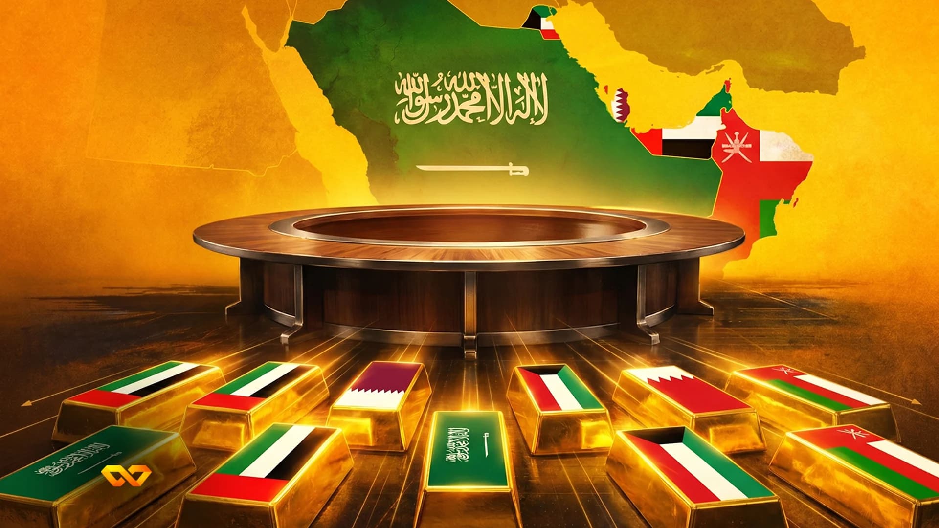 سبائك ذهبية عليها أعلام دول الخليج أمام طاولة مستديرة وخريطة لشبه الجزيرة العربية.