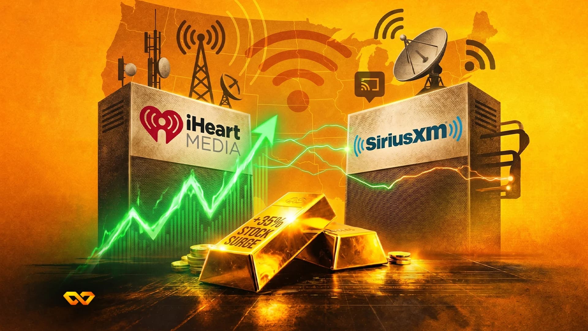 شعارا iHeartMedia وSiriusXM على كتل راديو مع سهم أخضر صاعد وسبائك ذهبية على خلفية برتقالية.