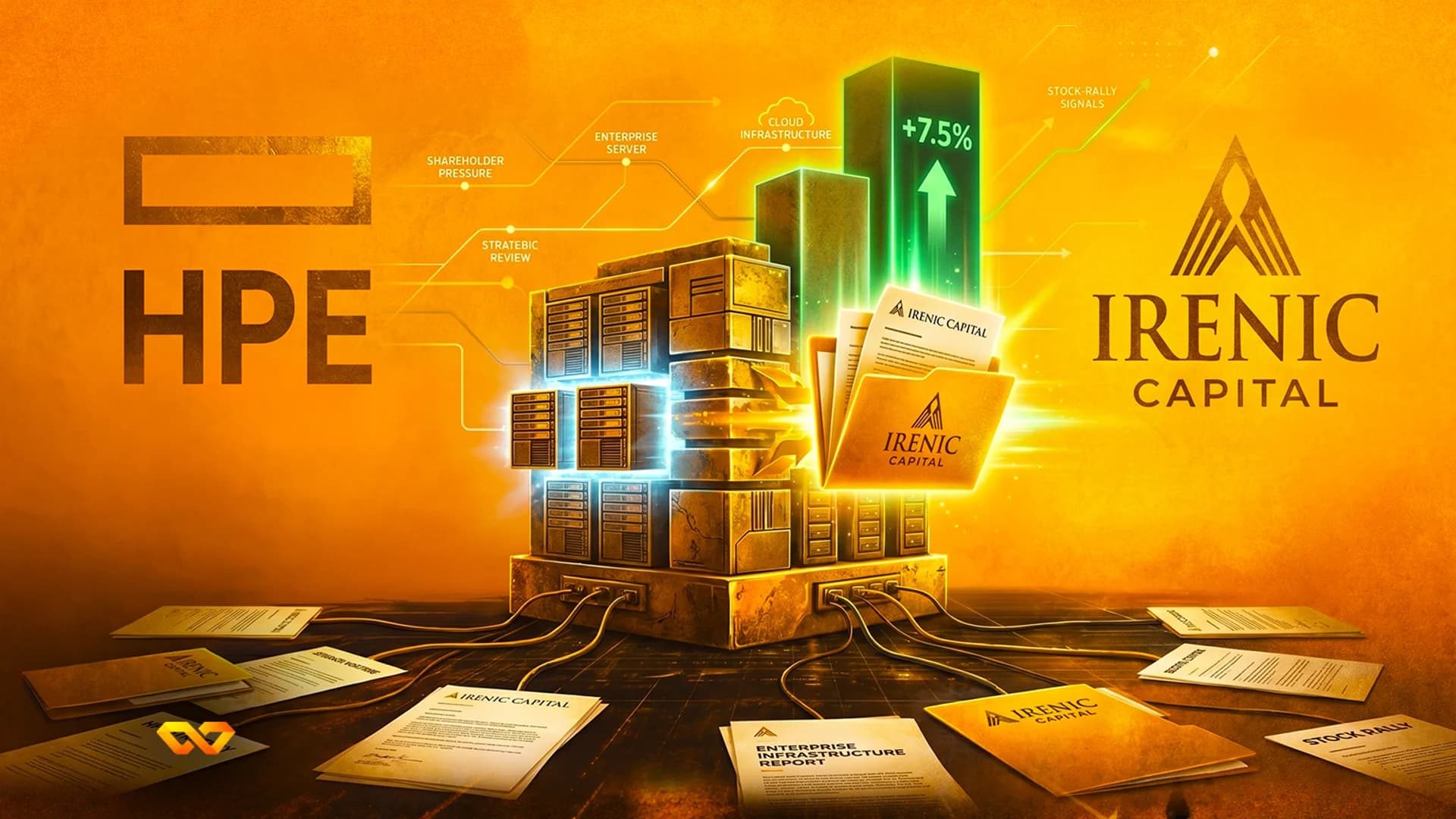 شعارا HPE وIrenic Capital يحيطان ببرج خادم مركزي مع رسوم بيانية صاعدة ومستندات متناثرة.
