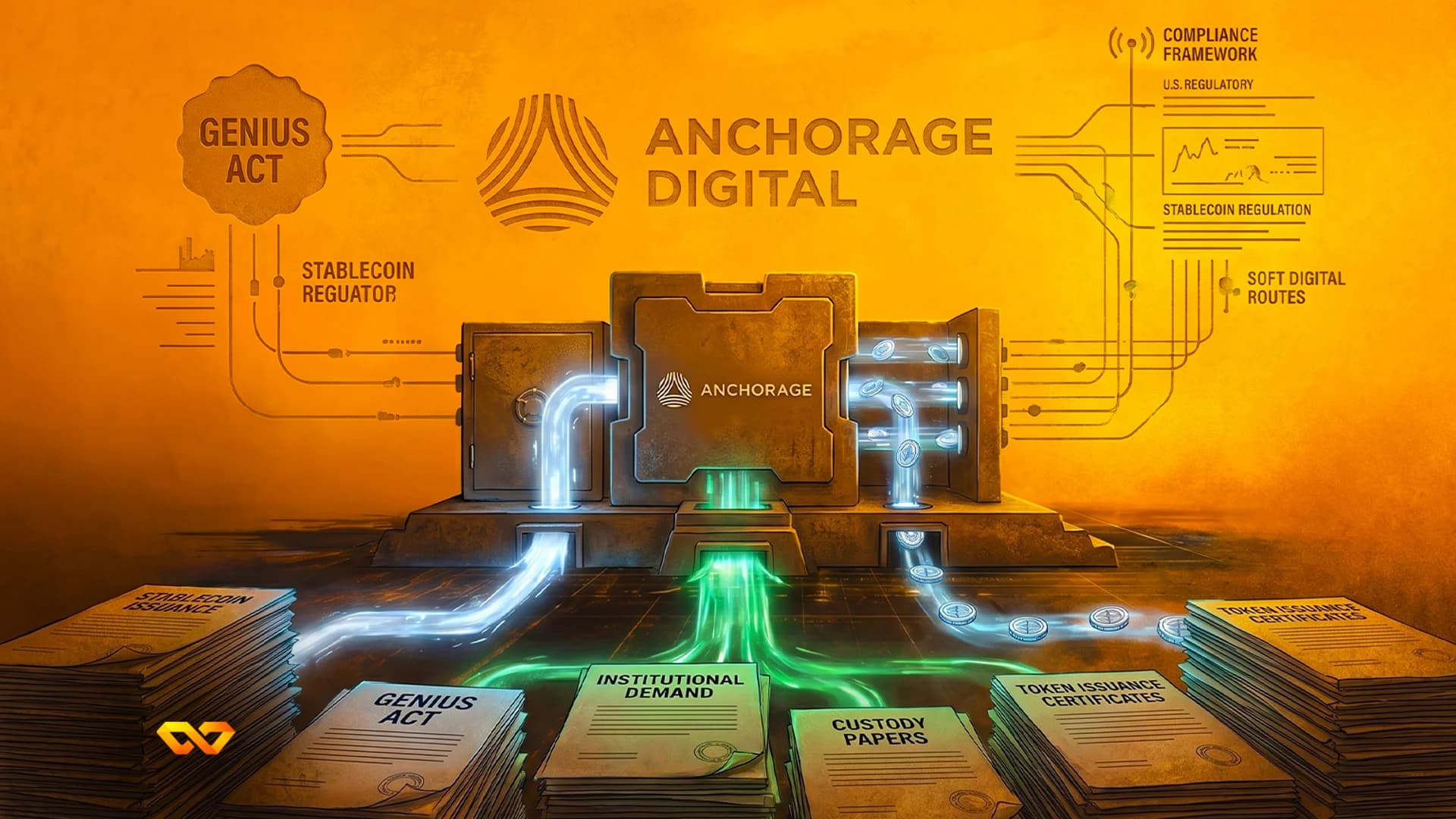 آلة صناعية ذهبية تحمل علامة Anchorage Digital مع أكوام من الأوراق التنظيمية وعملات رقمية متوهجة.