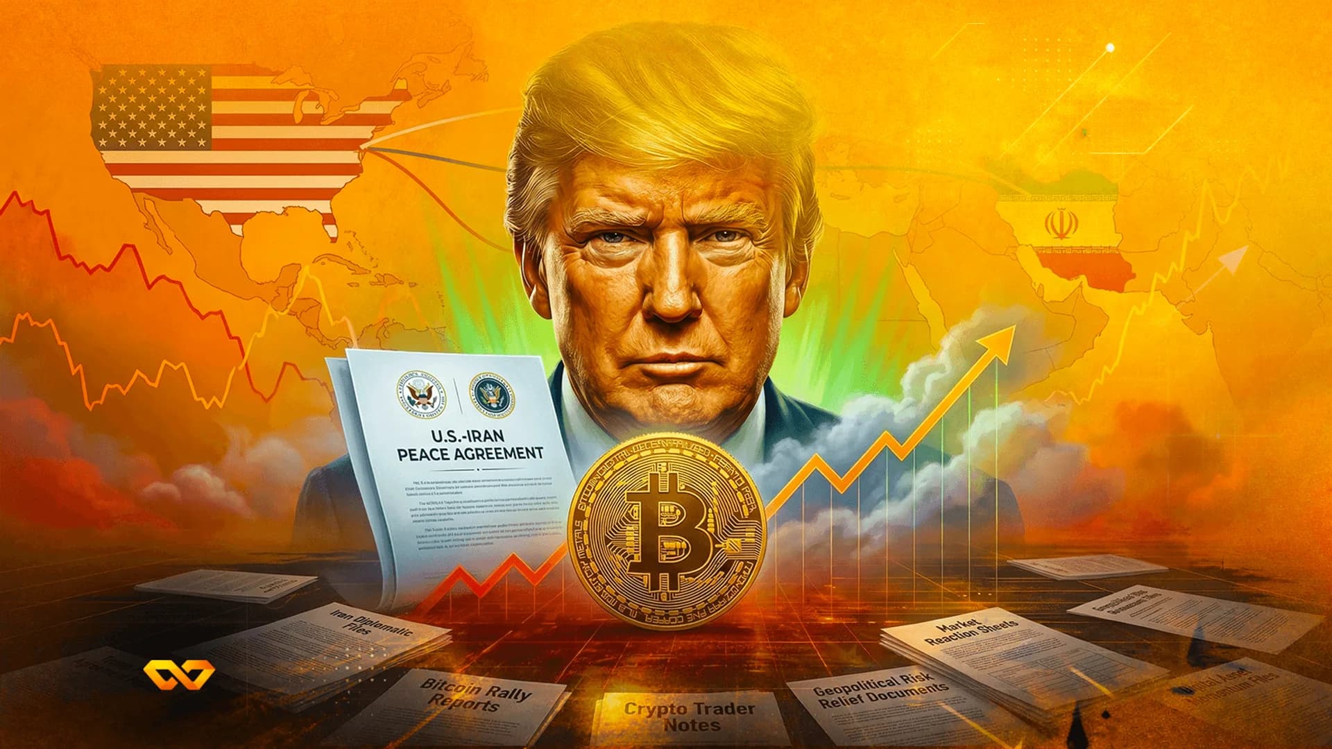 رسم رقمي لدونالد ترامب مع عملة بيتكوين، وعلمي الولايات المتحدة وإيران، ووثيقة اتفاقية سلام.