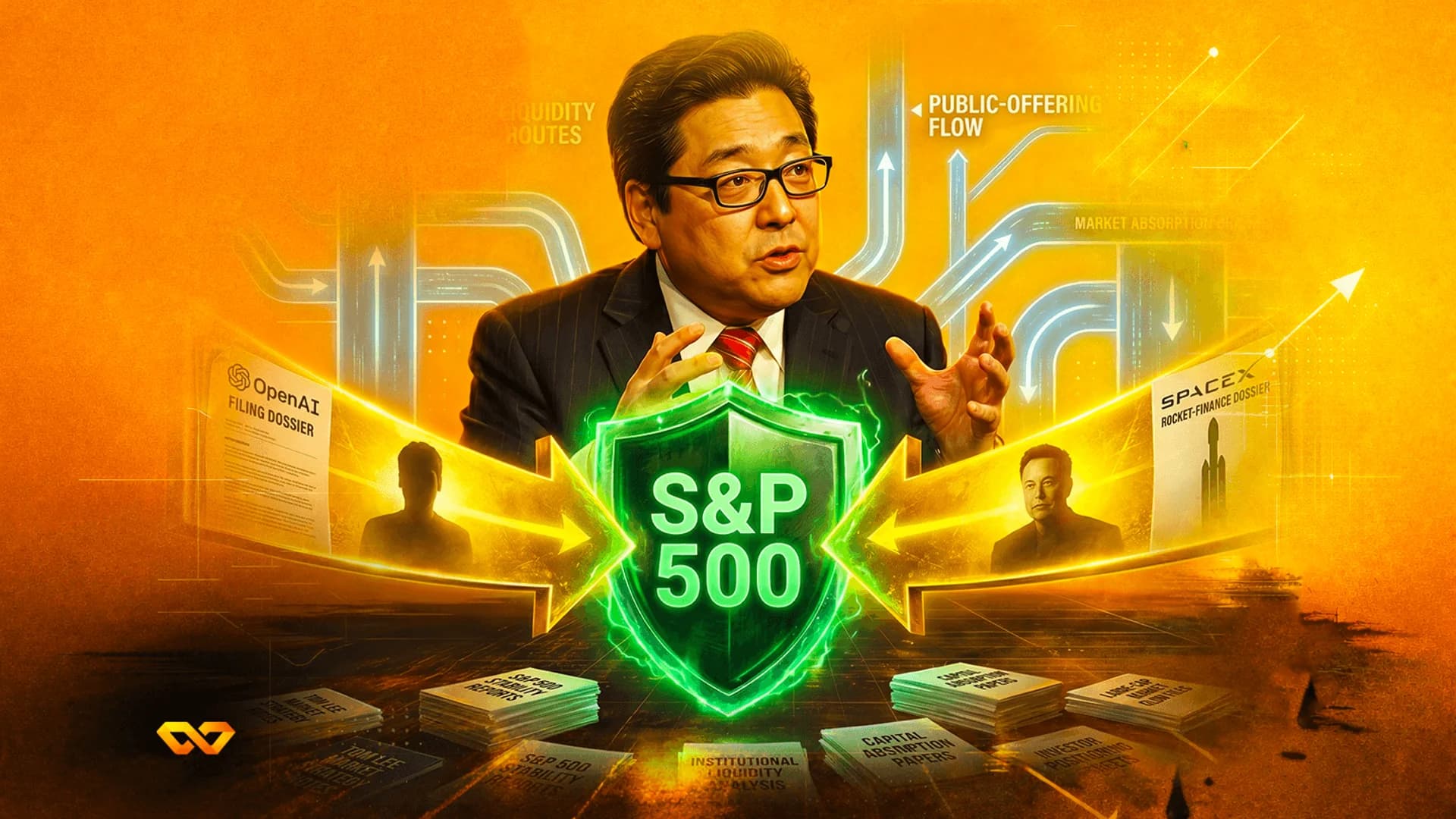 رجل ببدلة خلف درع S&P 500 أخضر متوهج مع ملفات OpenAI وSpaceX على الجانبين.