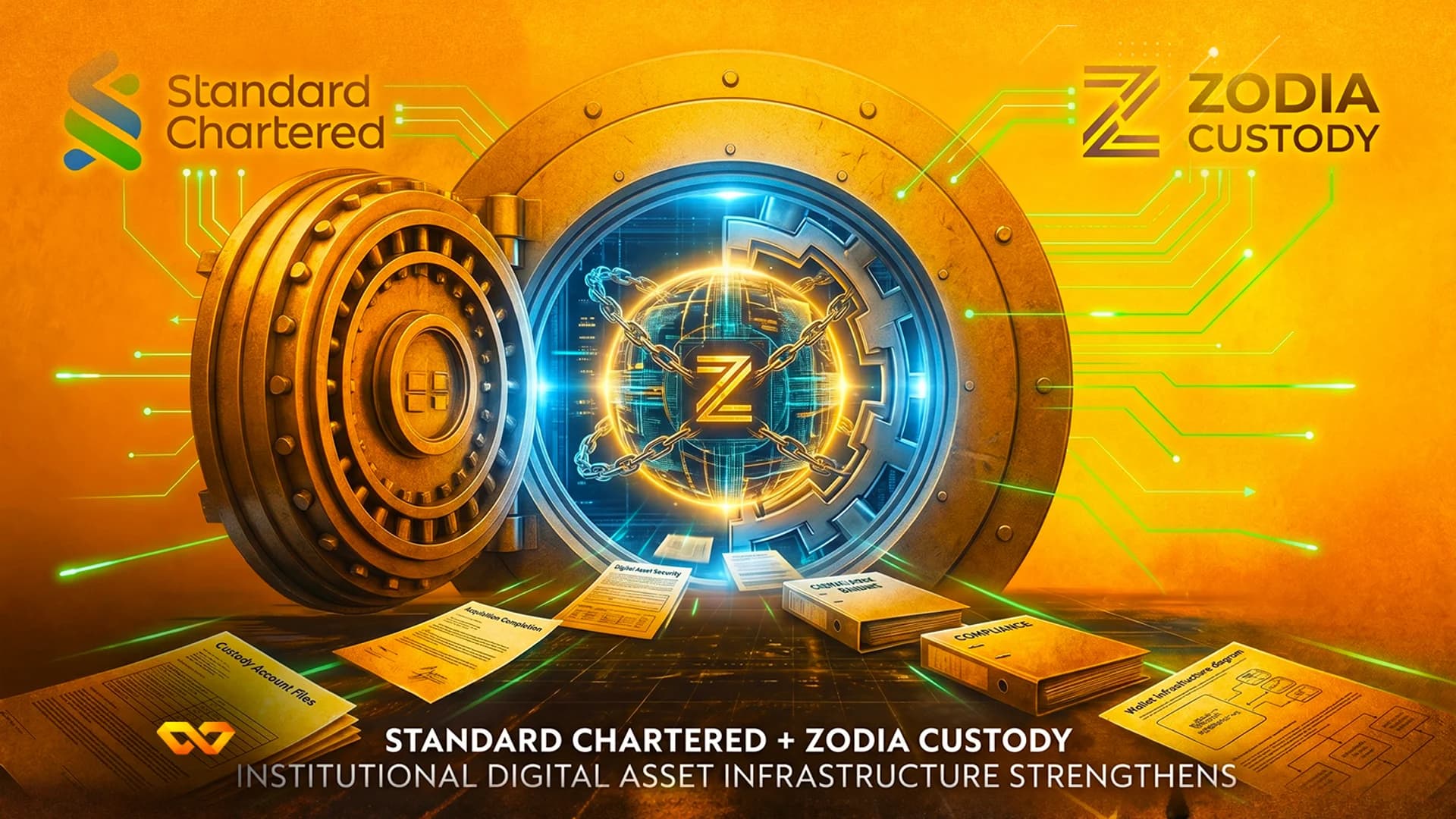 باب خزنة بنك مفتوح يظهر كرة رقمية متوهجة بشعار Z، محاطة بمستندات وشعارات شركات.