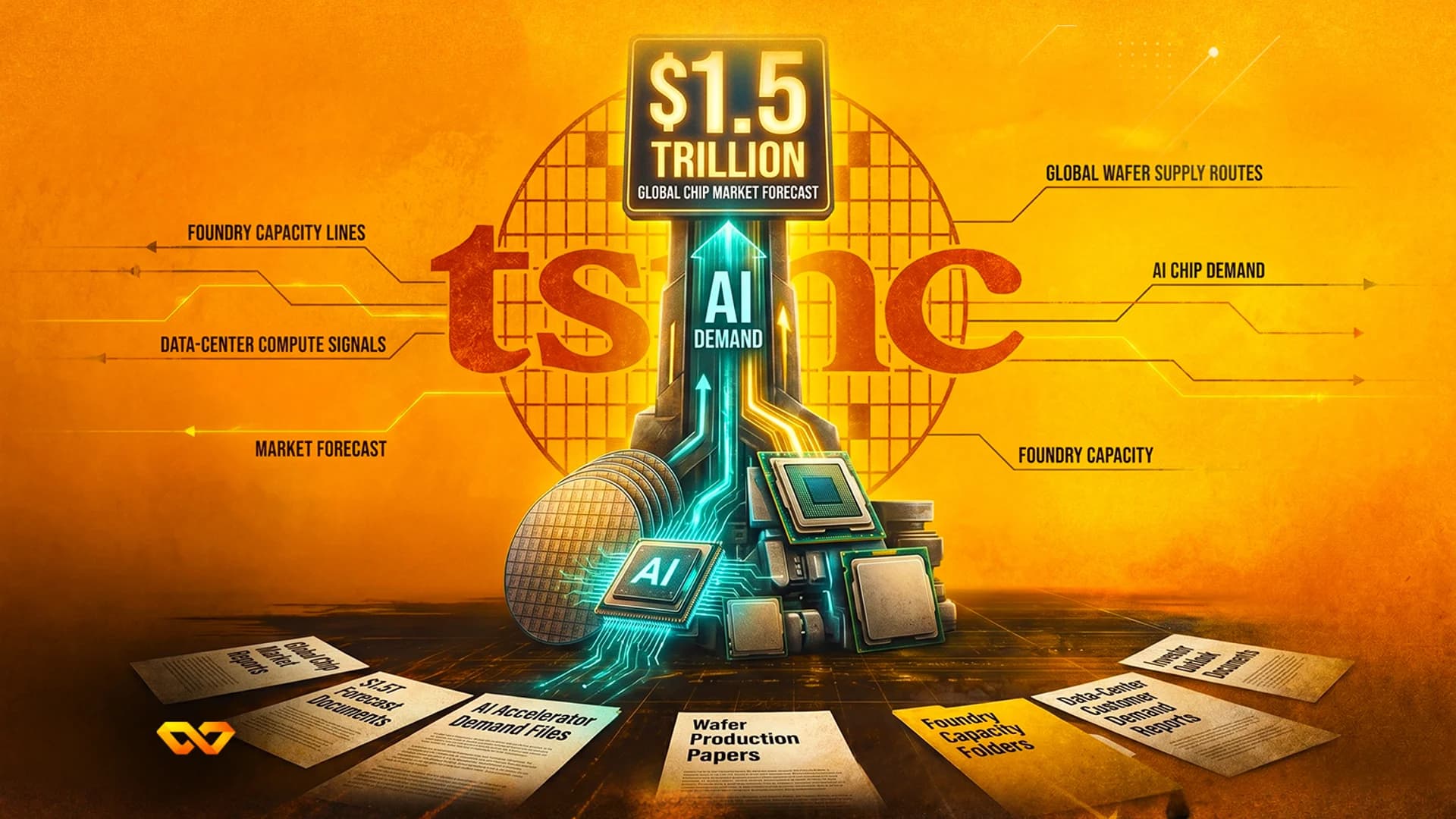 رسم توضيحي لتوقعات سوق الرقائق بقيمة 1.5 تريليون دولار مع شعار TSMC ورقائق الذكاء الاصطناعي ورقائق أشباه الموصلات.