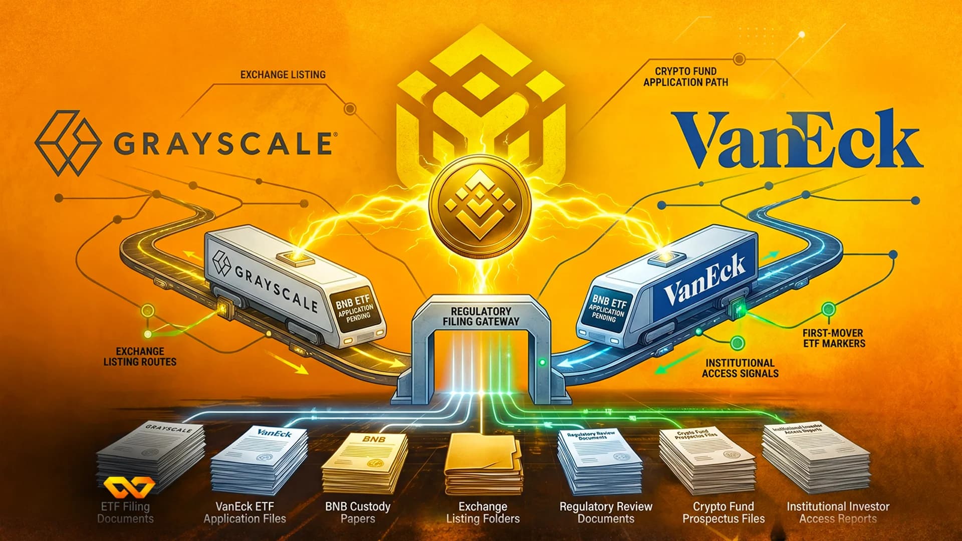 رسم توضيحي لمركبات غرايسكيل وفان إيك تتجه نحو بوابة تنظيمية مع شعار عملة BNB في الأعلى.