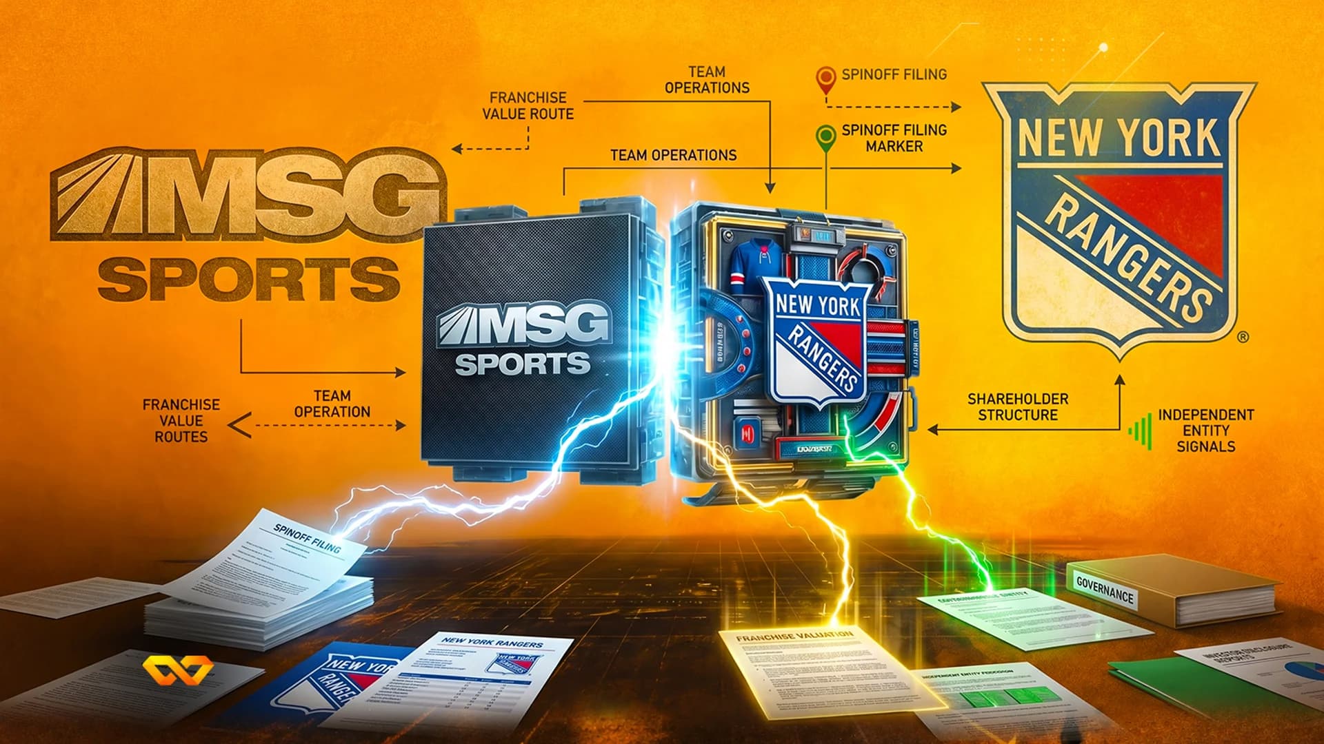 رسم بياني يظهر شعاري MSG Sports وNew York Rangers مع وثائق تحمل تسميات ملفات الانفصال وتقييم الامتياز.