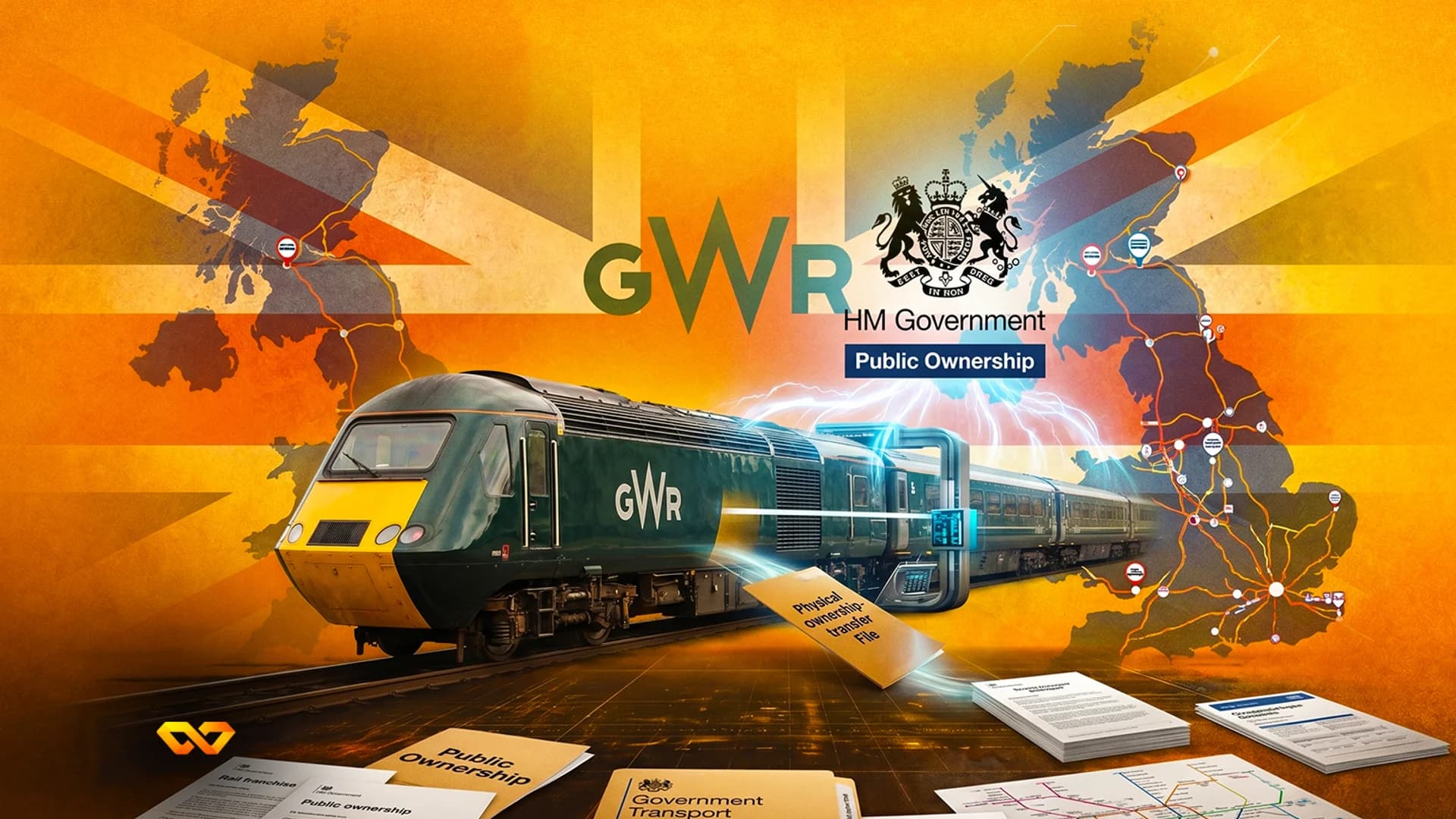رسم رقمي لقطار GWR أخضر، وخريطة المملكة المتحدة، وعلم الاتحاد، ووثائق حكومية حول الملكية العامة للسكك الحديدية.