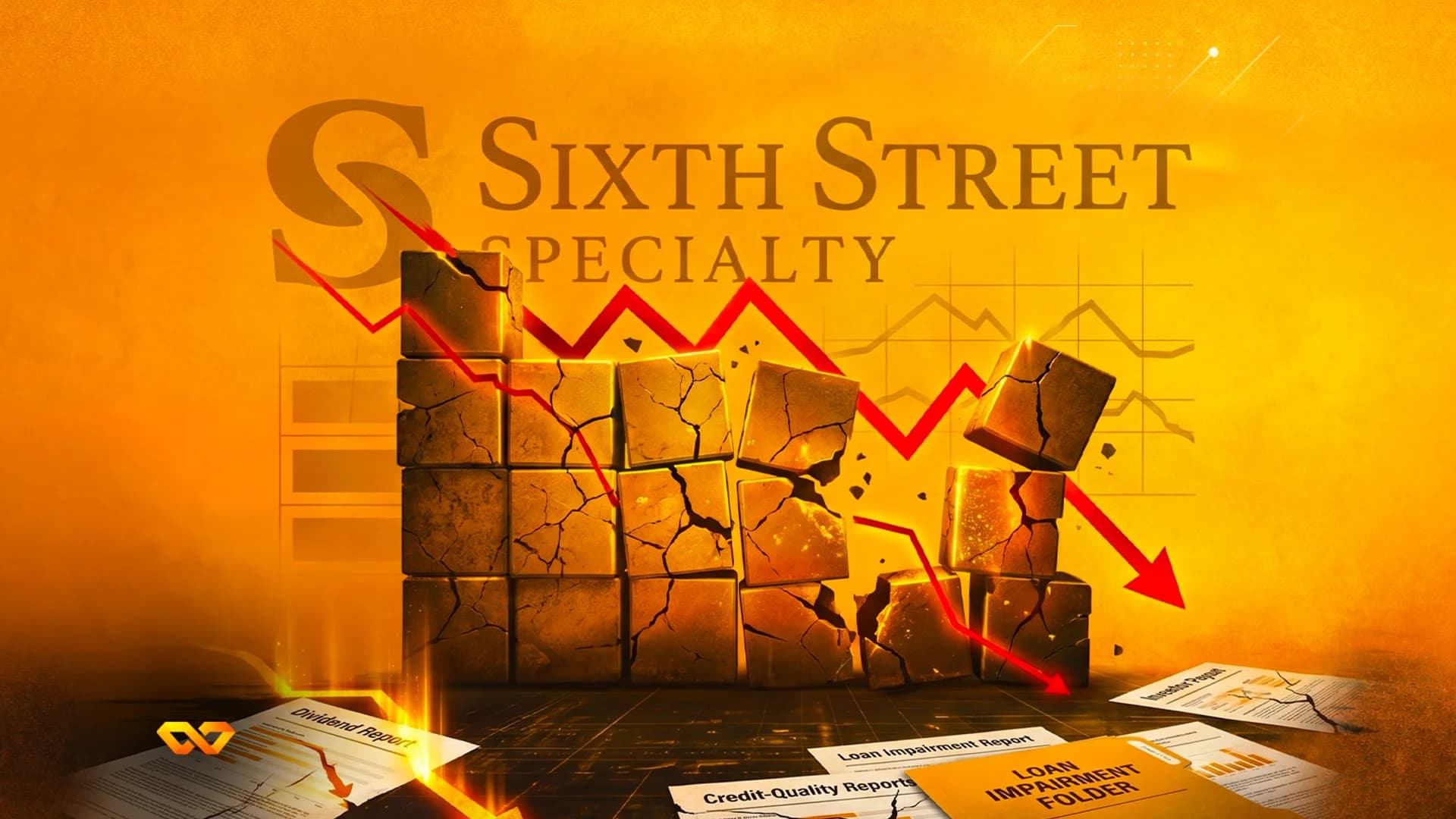 شعار Sixth Street Specialty فوق كتل حجرية متداعية وأسهم حمراء متجهة للأسفل فوق تقارير مالية.