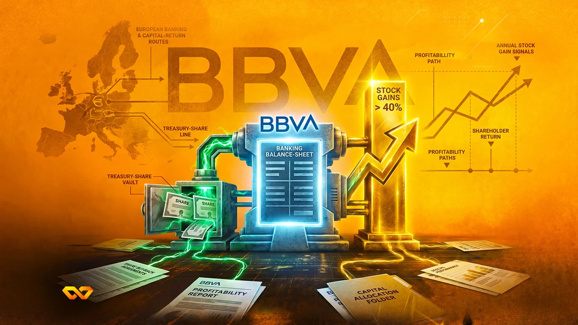 رسم توضيحي لمعدات مصرفية لشركة BBVA مع ميزانيات عمومية ورسوم بيانية لمكاسب الأسهم وخريطة لأوروبا.