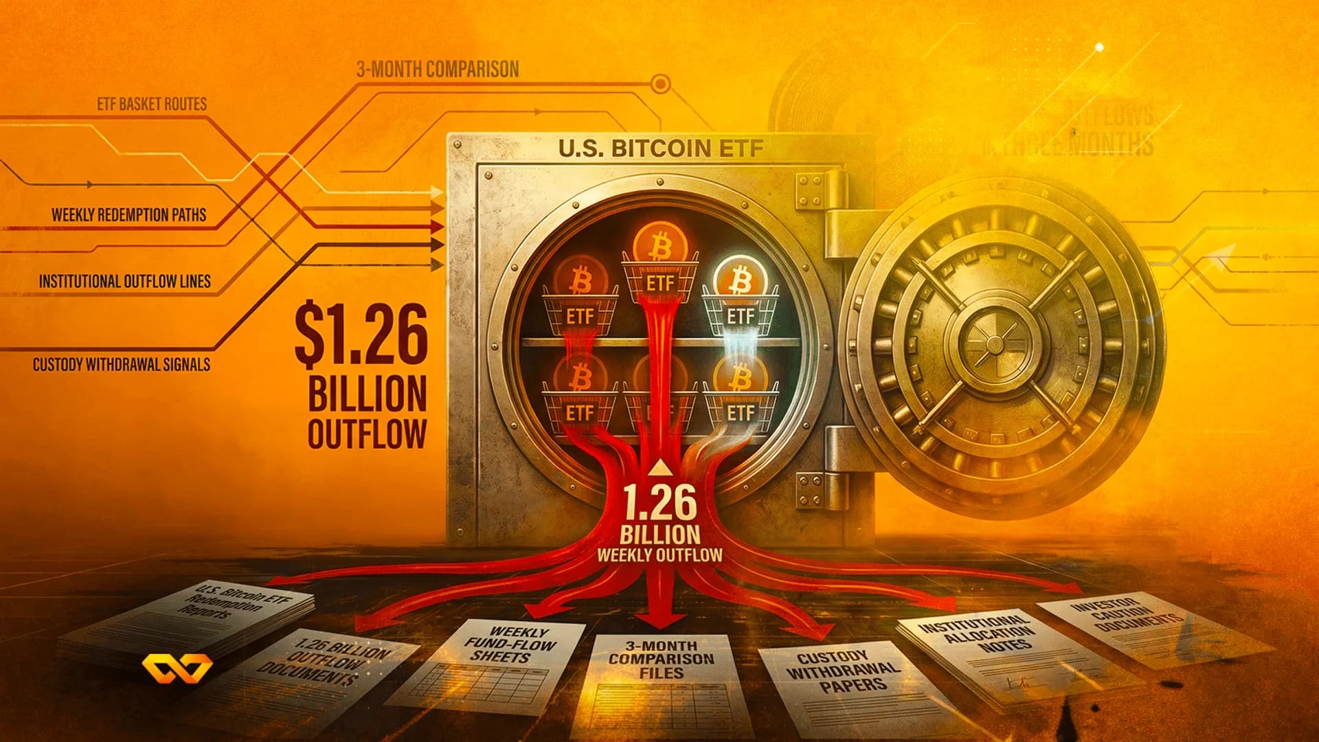 رسم توضيحي لخزنة مكتوب عليها U.S. Bitcoin ETF مع سائل أحمر يتدفق منها فوق وثائق مالية.