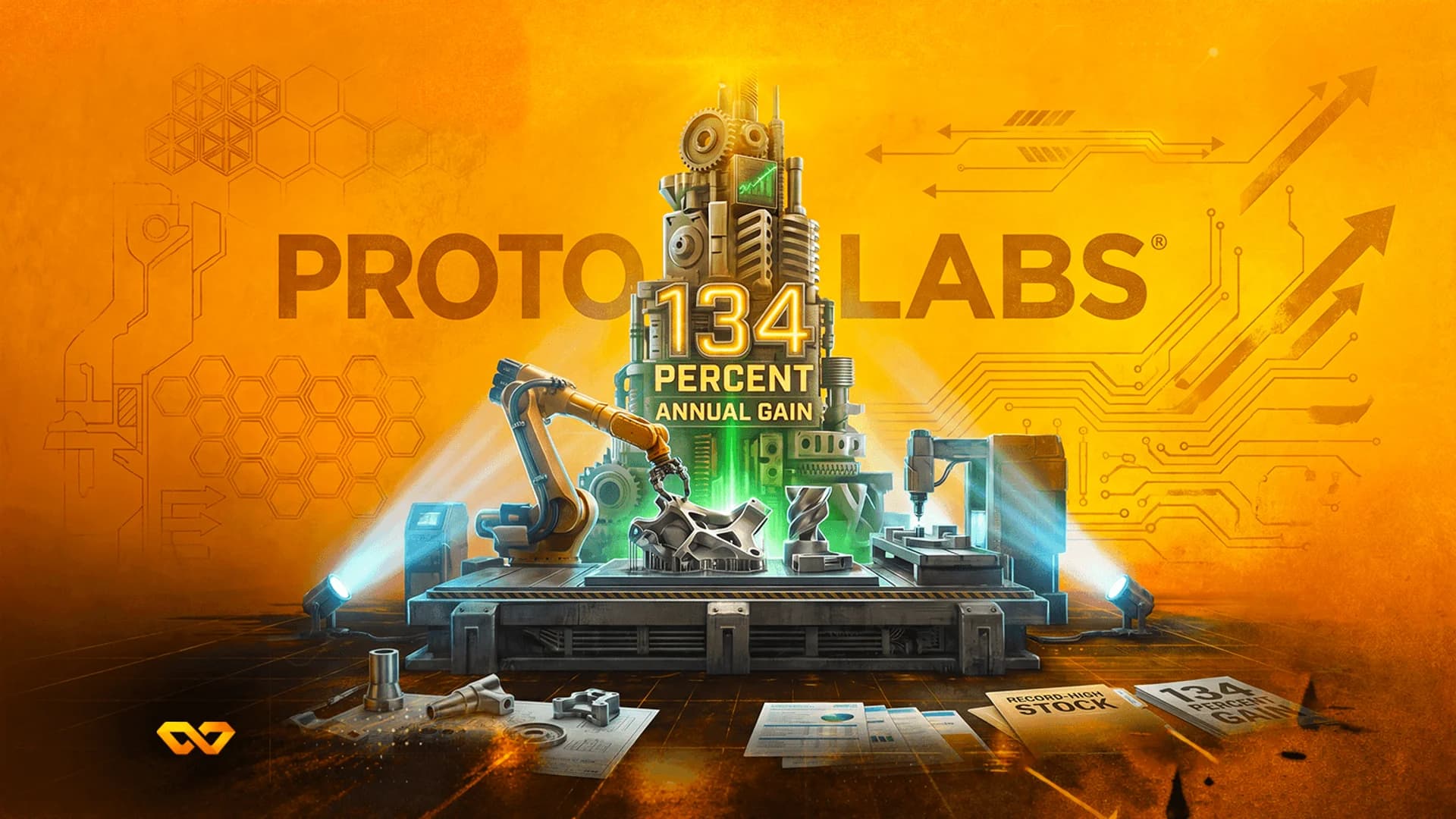 آلات صناعية وذراع آلي تحت الأضواء مع شعار Proto Labs ونص يشير إلى مكاسب سنوية بنسبة 134 بالمائة.
