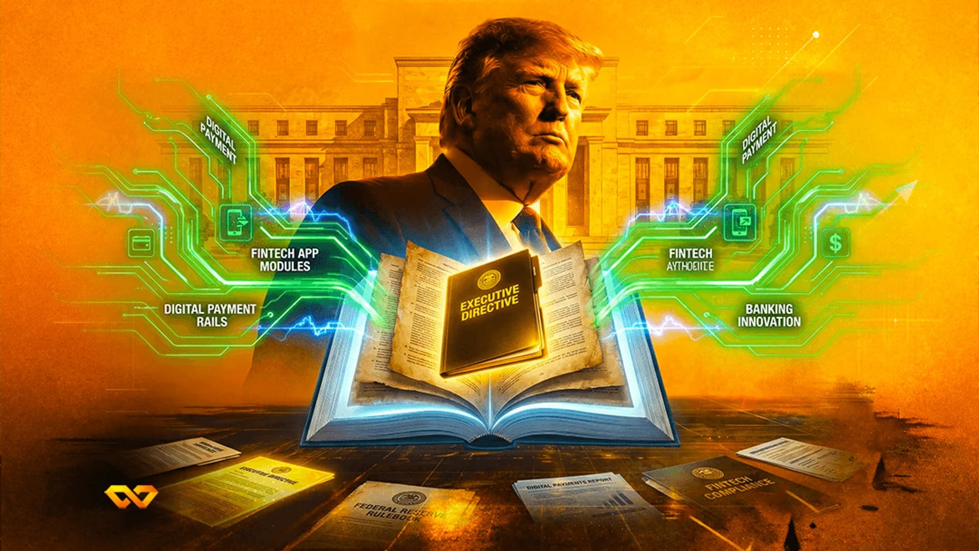 رسم رقمي لدونالد ترامب خلف كتاب مفتوح ووثائق تقنية مالية متوهجة ورسوم لدوائر إلكترونية خضراء.