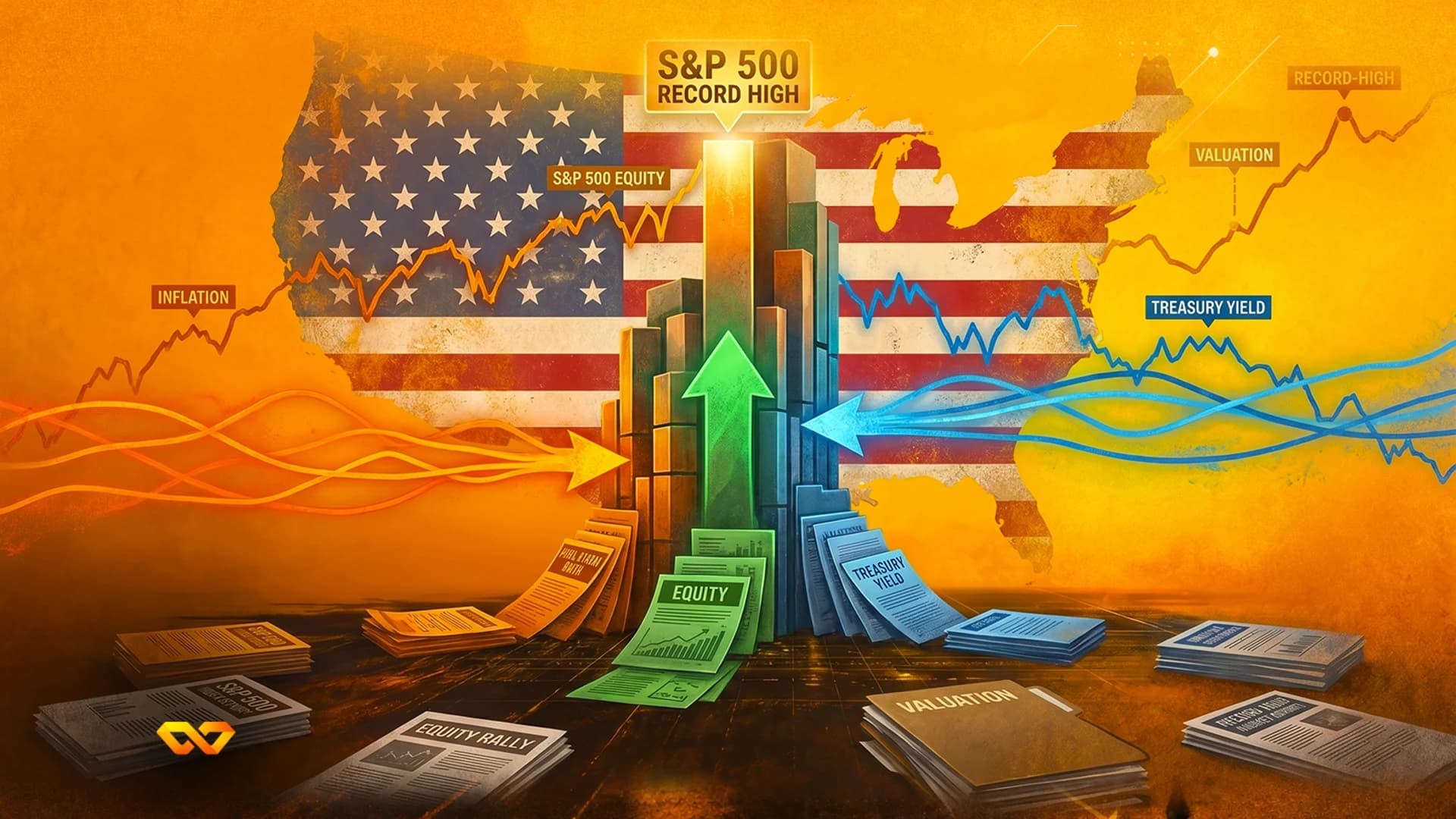 رسم توضيحي لخريطة أمريكا مع العلم، ورسم بياني شريطي صاعد بسهم أخضر، وملصقات مالية مثل S&P 500 والتضخم.
