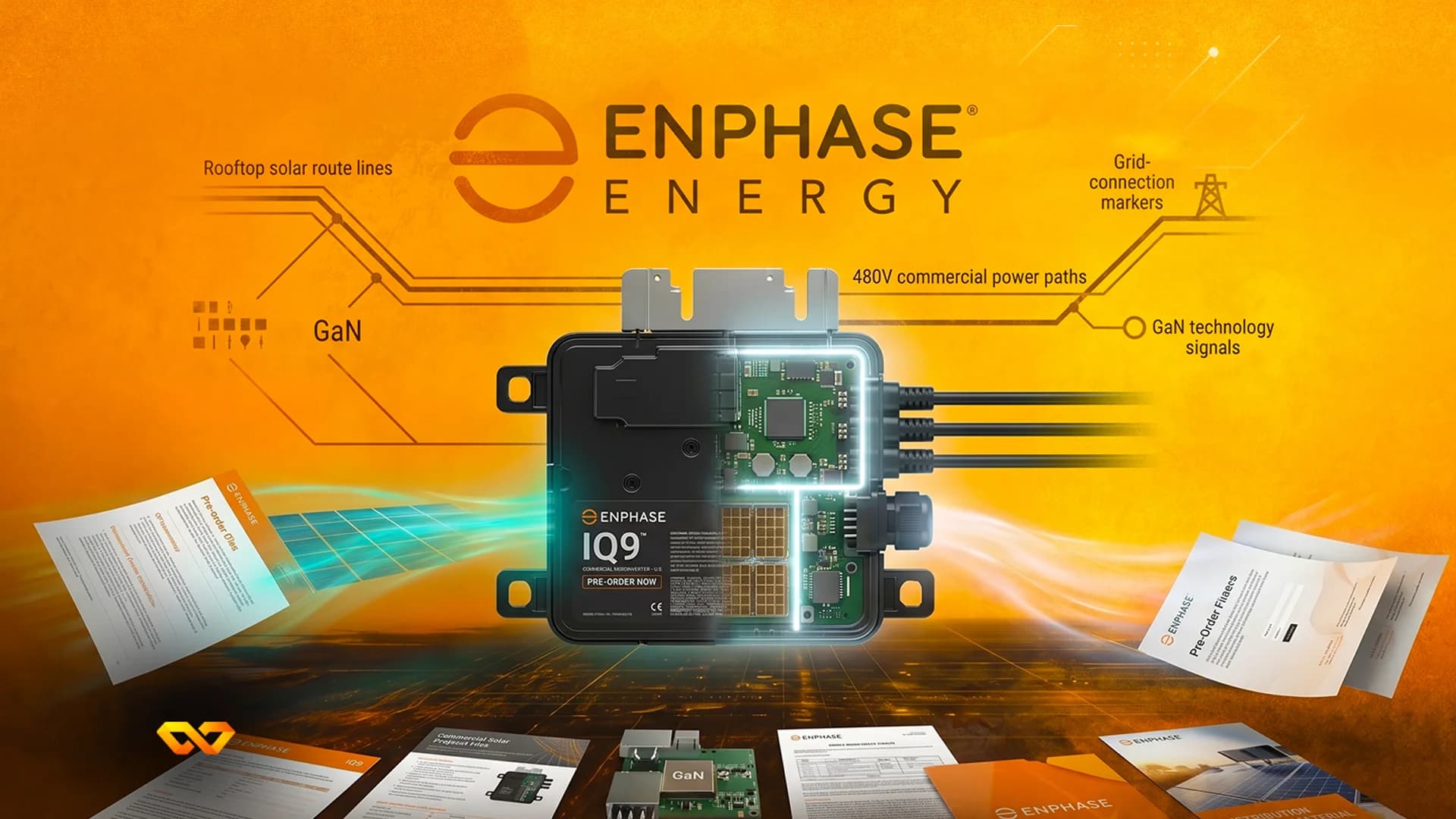 رسم لعاكس Enphase Energy IQ9 مع الدوائر الداخلية وألواح شمسية ومستندات على خلفية برتقالية.