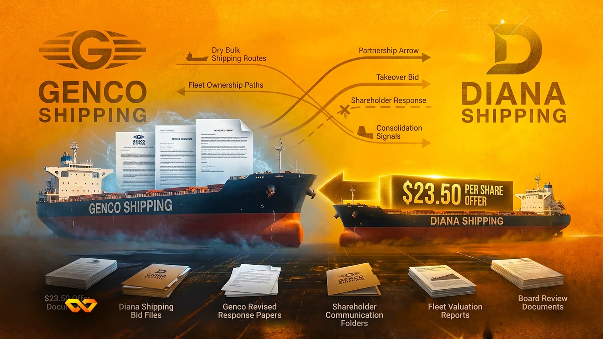 رسم توضيحي لسفينتي شحن تحملان شعاري Genco Shipping و Diana Shipping مع لافتة عرض بقيمة 23.50 دولارًا للسهم.