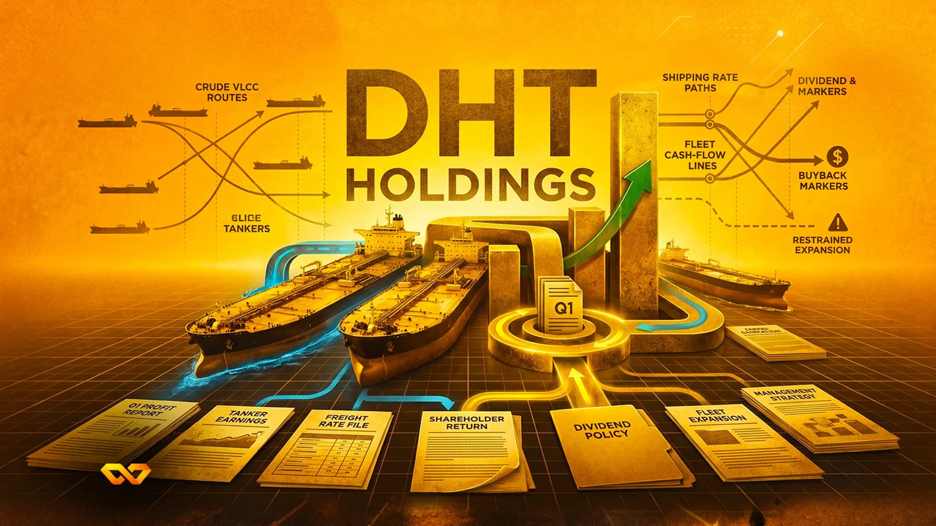 رسم توضيحي ذهبي لشركة DHT Holdings يظهر ناقلات نفط ومخططاً بيانياً صاعداً ووثائق تقارير مالية.