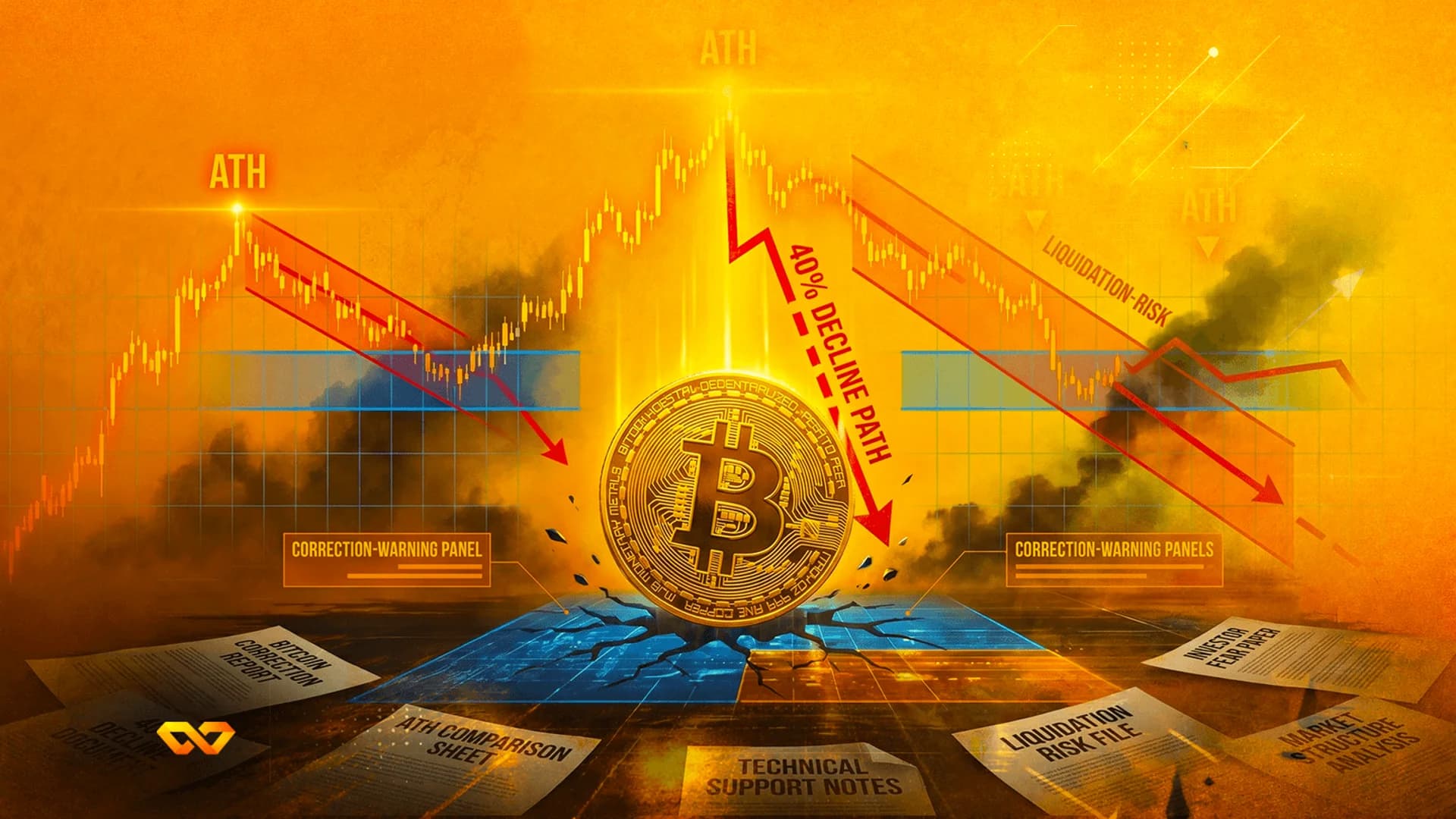 عملة بيتكوين ذهبية على سطح أزرق متصدع وسط أسهم حمراء هابطة ورسوم بيانية مالية على خلفية برتقالية.