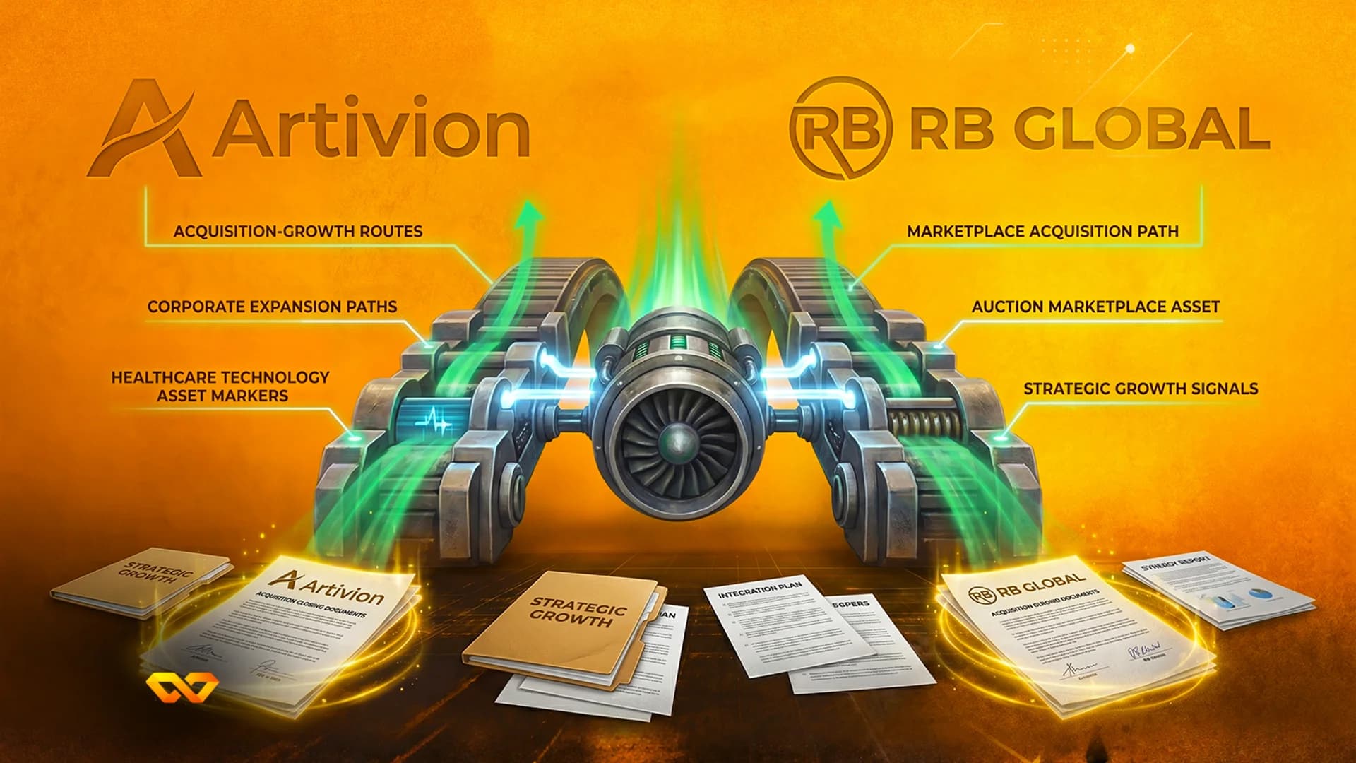 محرك مستقبلي مع أحزمة ناقلة تعالج مستندات بين شعاري شركتي Artivion و RB Global على خلفية برتقالية.